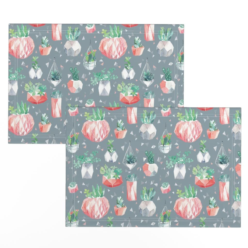 Premium Linen Cotton Canvas Placemats Set of 2 - Geometric House Plant Cactus Succulent Print Table Mats for Dining Room Decor, Kitchen Table Setting & Home Entertaining