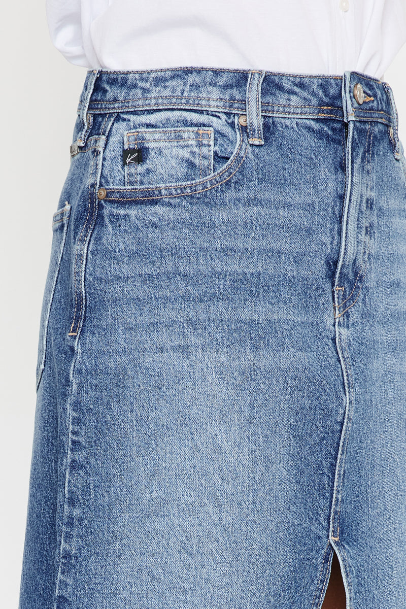 Indigo High Rise Midi Skirt for Women - Stretchy A-Line Denim Skirt with Pockets | Perfect for Casual Outfits, Office Wear & Date Nights