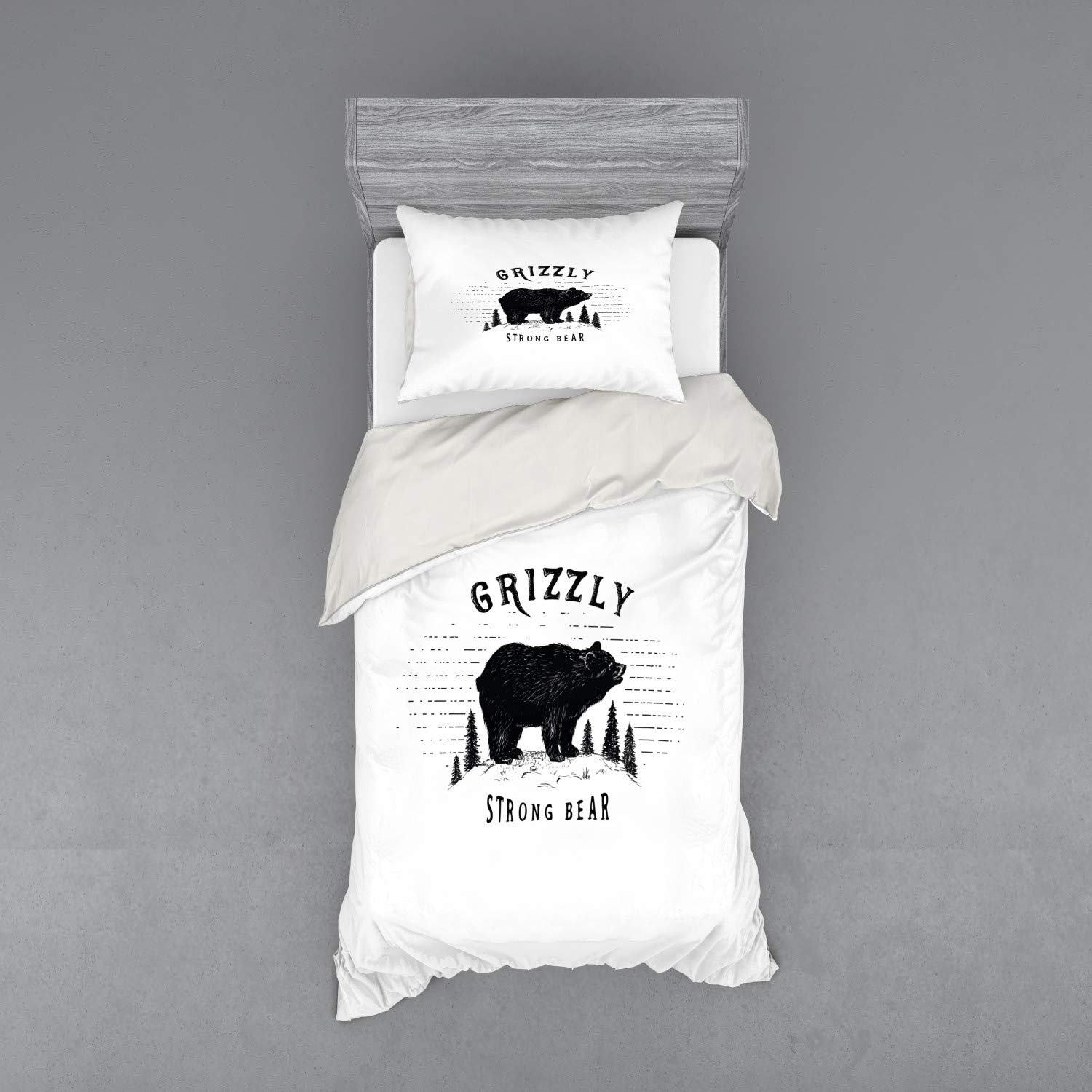 Ambesonne Bear Duvet Cover Set - Vintage Grizzly Bear Forest Theme 3-Piece Bedding Set with Sham & Fitted Sheet, Twin Size Black White - Perfect for Cabin, Lodge & Wilderness Themed Bedrooms