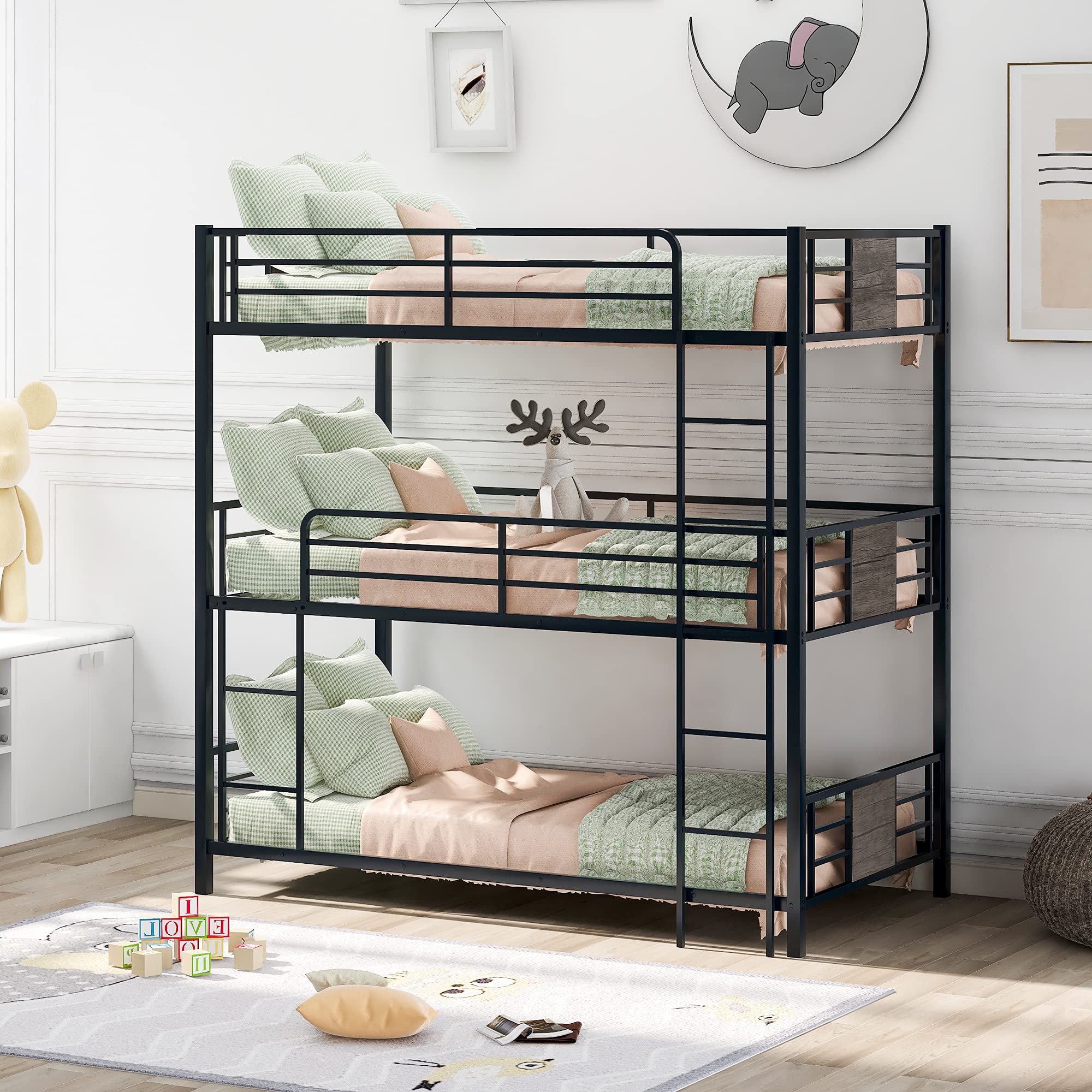 Metal Triple Bunk Bed Frame - Twin Over Twin Over Twin with Safety Guardrails & Built-in Ladder for Kids & Teens (Black/Gray Steel) - Space Saving Solution for Kids' Bedrooms, Dorm Rooms & Vacation Homes