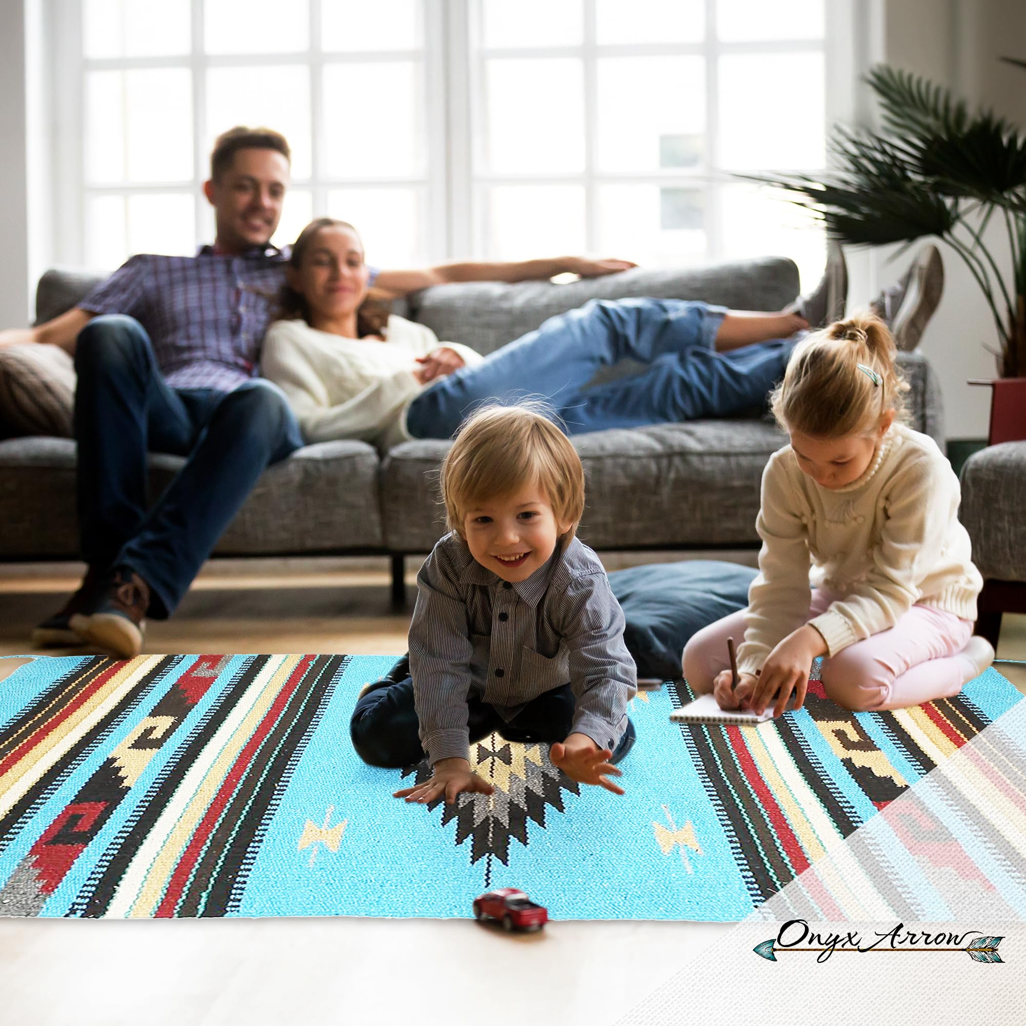 Southwest Area Rug - Washable Bohemian Rug for Indoor & Outdoor Use - Farmhouse Decor Western Style Rug - Non-Slip Living Room, Dining Room, Bedroom Rug (Center Diamond Design, Sky Blue/Black, 20x40 Inches) - Perfect for Boho Chic Homes, Patios & Cozy Spaces