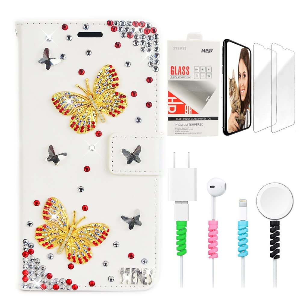 STENES Bling Wallet Phone Case for Samsung Galaxy A20e - 3D Handmade Crystal Butterfly Glitter Magnetic Leather Cover with Screen Protector & Cable Protector - Stylish Women's Accessory - Perfect for Parties, Dating & Everyday Use - White