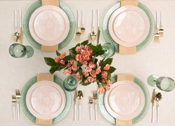 32-Piece Pink and White Tulip Round Plastic Dinnerware Set - BPA-Free, Dishwasher Safe - Perfect for Outdoor Picnics, Birthday Parties, and Family Gatherings (16 Servings)
