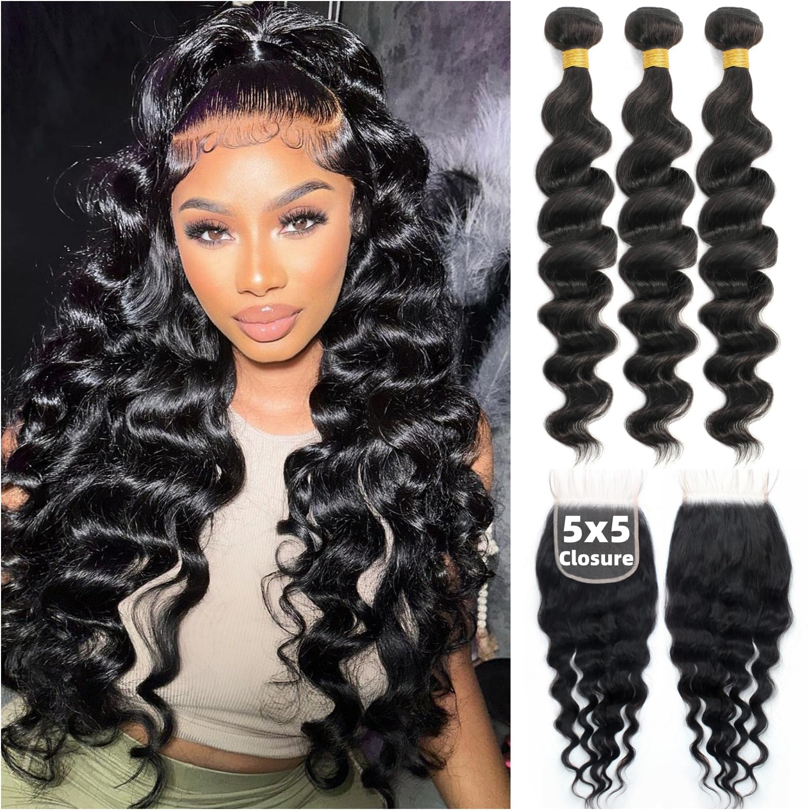 12A 100% Unprocessed Brazilian Virgin Remy Hair Bundles - 3 Bundles with 5x5 HD Lace Closure (18 20 22 +18 Inches) - Loose Wave Human Hair Weft Extensions for Black Women - Perfect for Daily Wear, Styling & Special Occasions