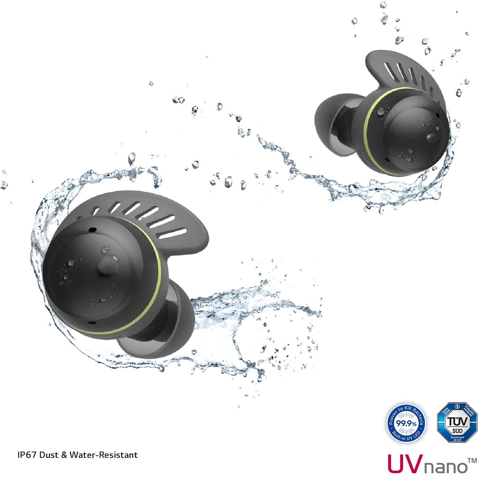 LG TONE Free TF8 True Wireless Bluetooth Earbuds with UVnano Charging Case - IP67 Waterproof & Dustproof, Black (Small Size) - Perfect for Running, Gym Workouts & Outdoor Sports