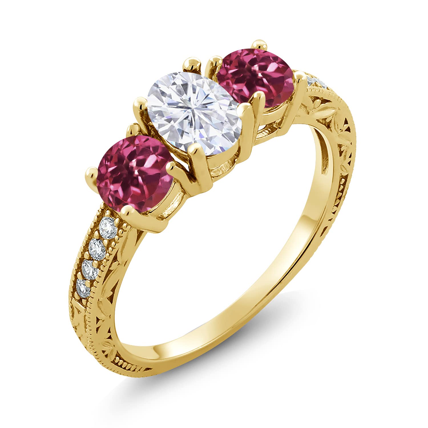 18K Yellow Gold Plated Sterling Silver Pink Tourmaline & Moissanite Ring Set (2.02 Cttw) - Elegant AA Quality Gemstone Jewelry for Women, Perfect for Anniversary, Birthday & Valentine's Day Gifts