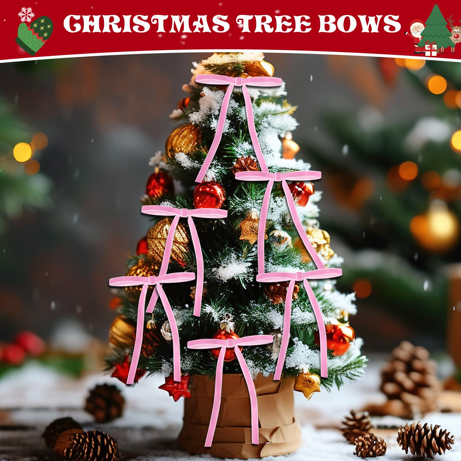 24 Pcs Pink Velvet Christmas Tree Bows - 5x7 Inch Pre-Tied Velvet Ribbon Bows for Wreaths, Gifts, Holiday Decorations & Tree Ornaments - Elegant Xmas Décor for Home, Party & Festive Celebrations