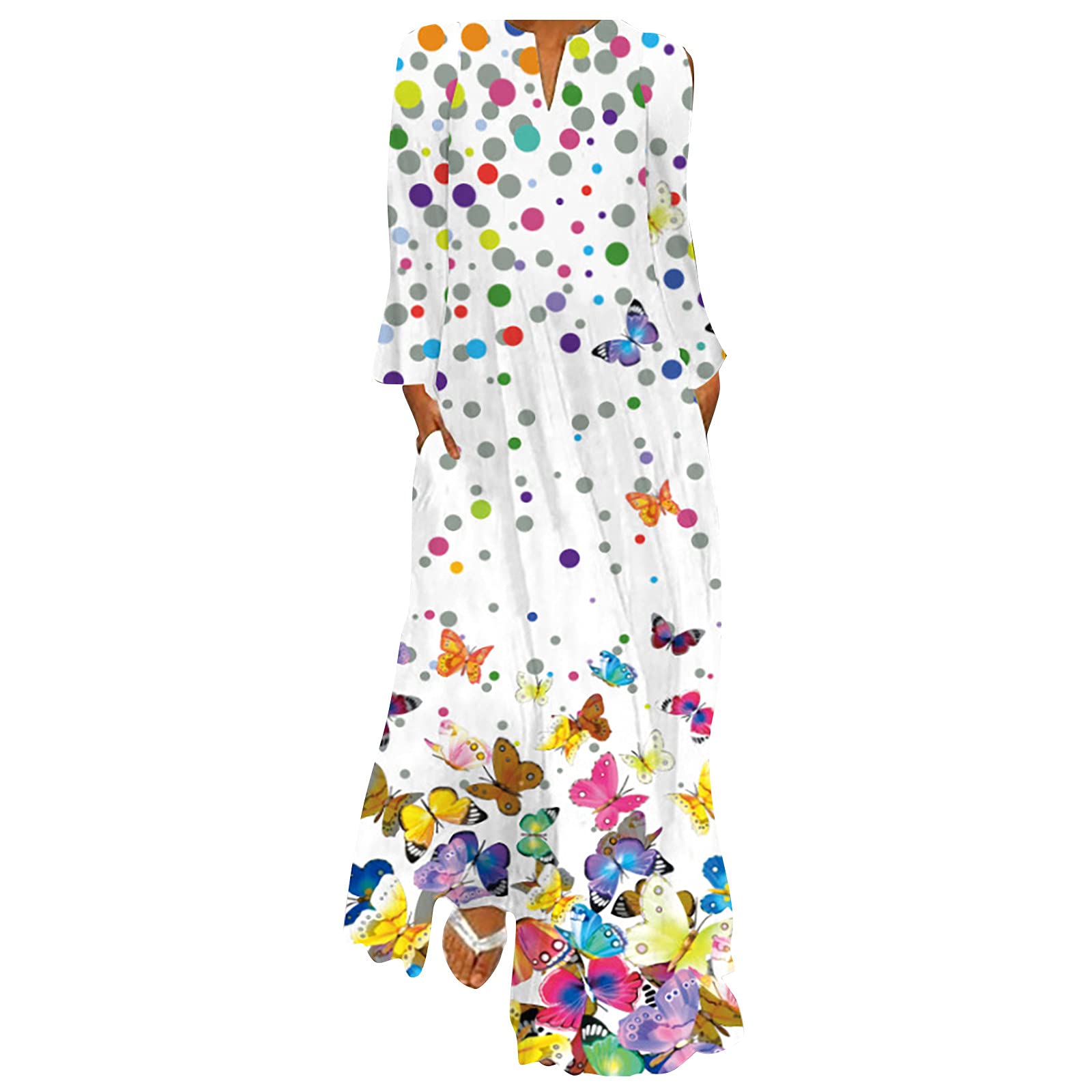 NIUQI V-Neck Floral Print Plus Size Dresses for Women with Pockets - Club & Casual Long Sleeve Loose Fit Dress for Fall - Perfect for Office Wear, Date Nights & Autumn Outings