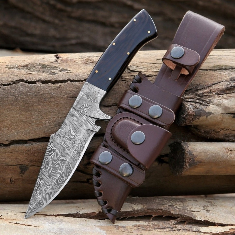 Premium Damascus Steel Hunting Knife with Wenge Wood Handle & Leather Sheath - Outdoor Survival, Camping, Bushcraft, and Tactical Use