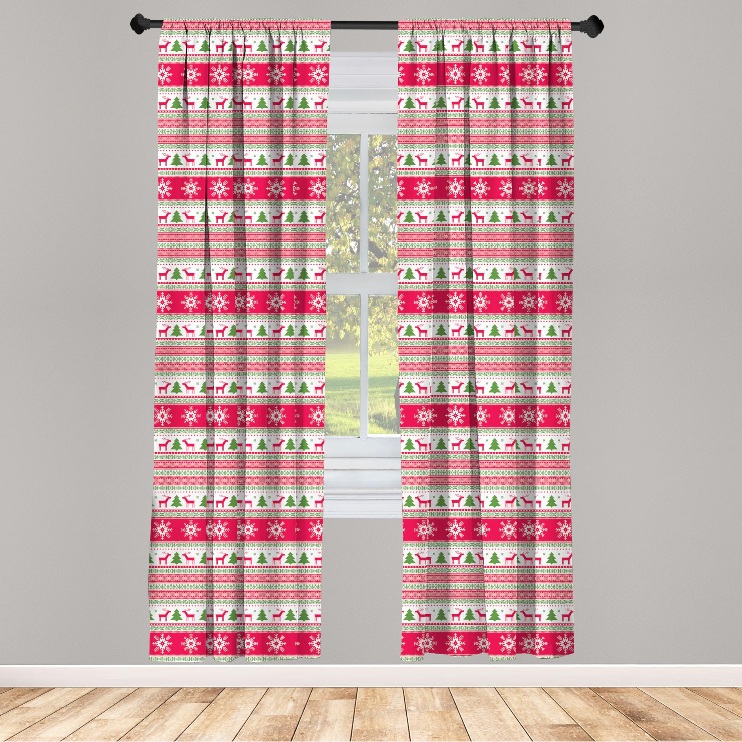 Ambesonne Nordic Christmas Window Curtains - Reindeer Snowflakes Trees Needlework Design, Lightweight Decor 2-Panel Set with Rod Pocket, 28