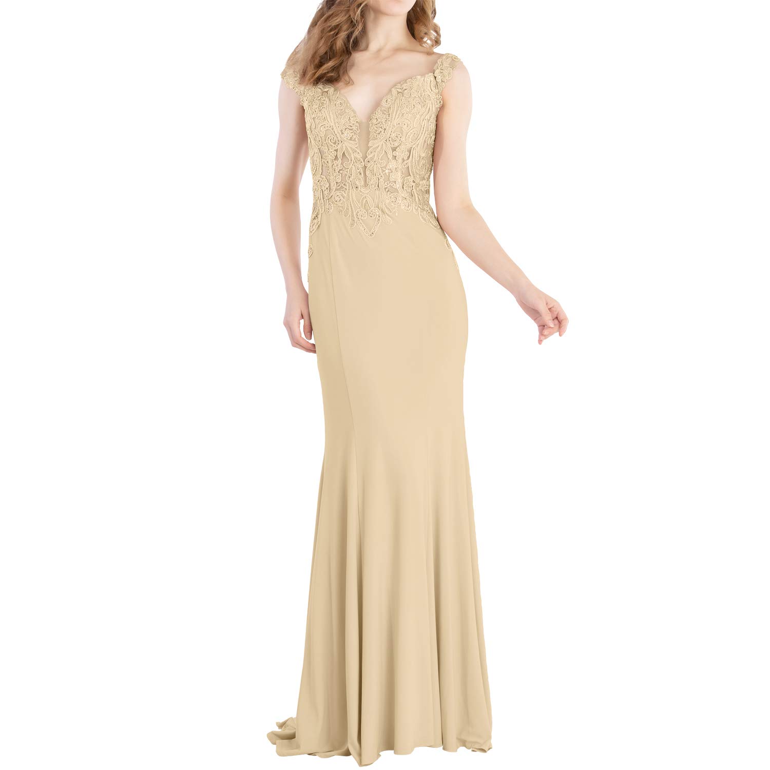 MACloth Women's V-Neck Beaded Lace Jersey Mermaid Long Dress for Evening Party, Wedding Guest, Prom & Special Occasions