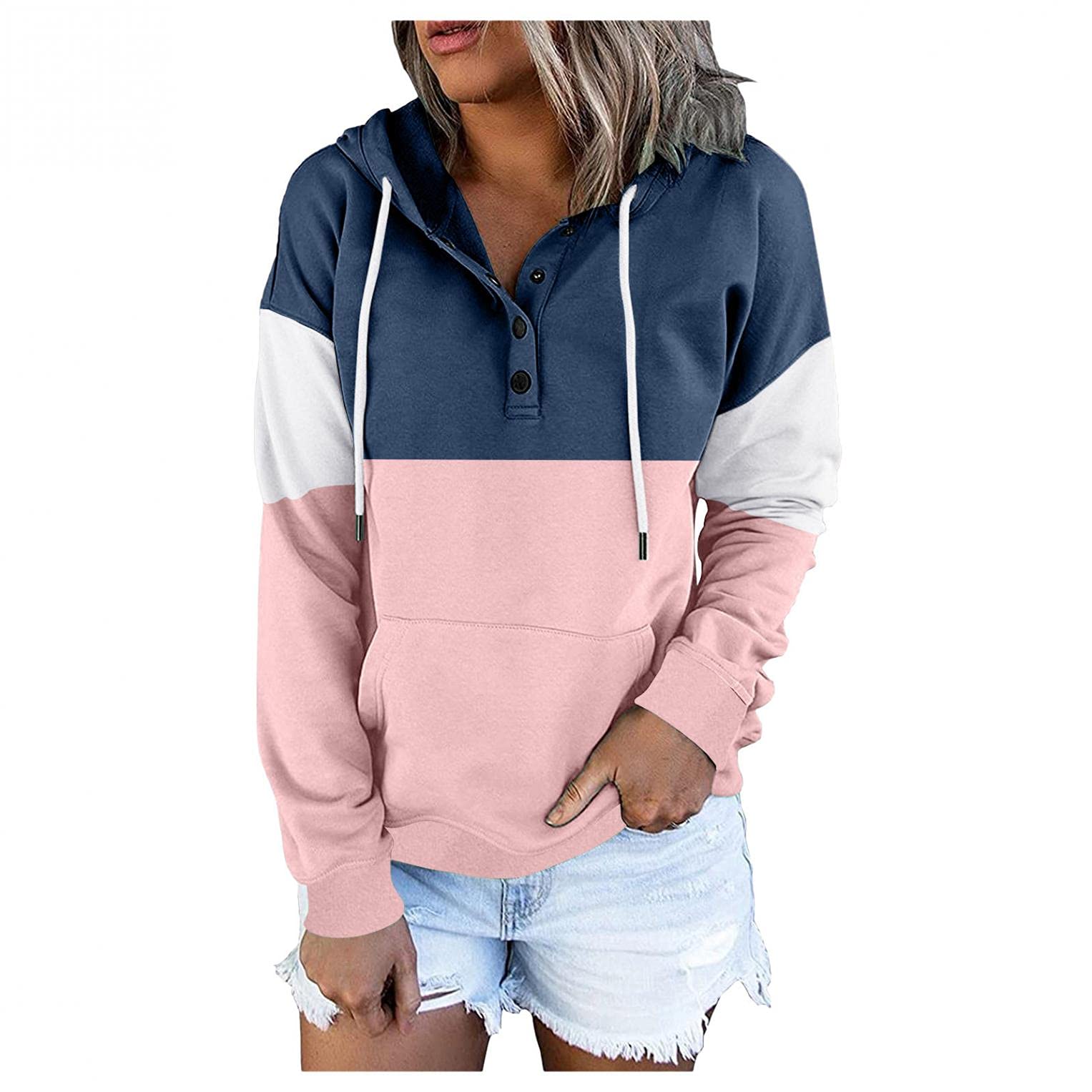Women's Color Block Hooded Sweatshirt - Long Sleeve Pullover with Drawstring & Pocket | Casual Fall Winter Fashion for Streetwear, Lounge & Outdoor Activities