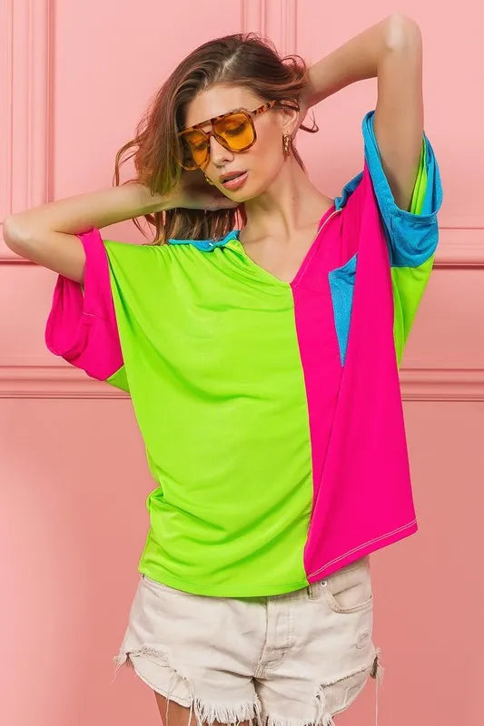 BiBi Slinky Knit Color Block V-Neck Top | Women's Fashion T-Shirt for Casual Wear & Layering