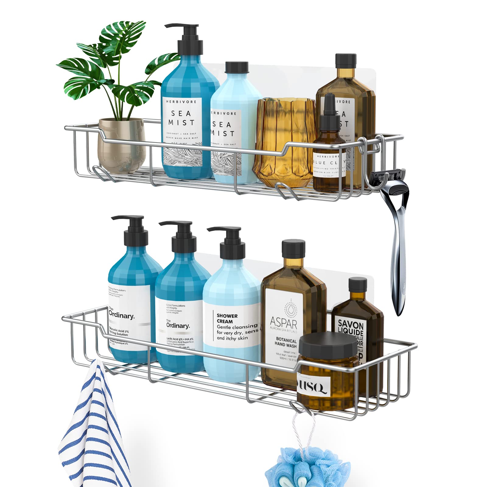 Rustproof Stainless Steel Shower Caddy & Bathroom Shelf - No Drilling Hanging Organizer with Hooks for Shower, Kitchen & Toilet Storage (2 Pack, Silver) - Perfect for Small Bathrooms, Apartments & Dorm Organization