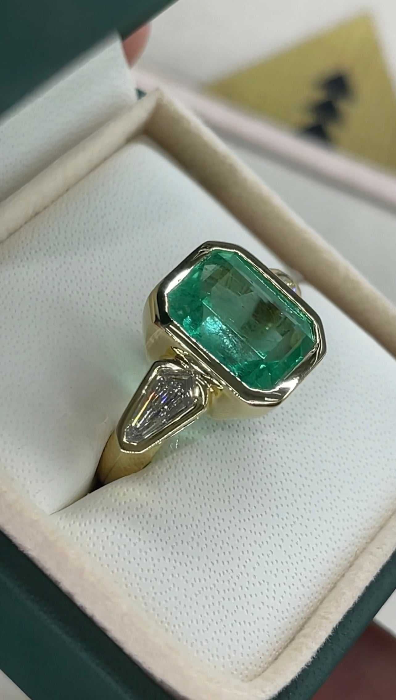 7.49tcw Colombian Emerald & Kite Diamond Three Stone Ring in 18K Gold Bezel Setting - Perfect for Engagement, Anniversary & Special Occasion Jewelry Gifts