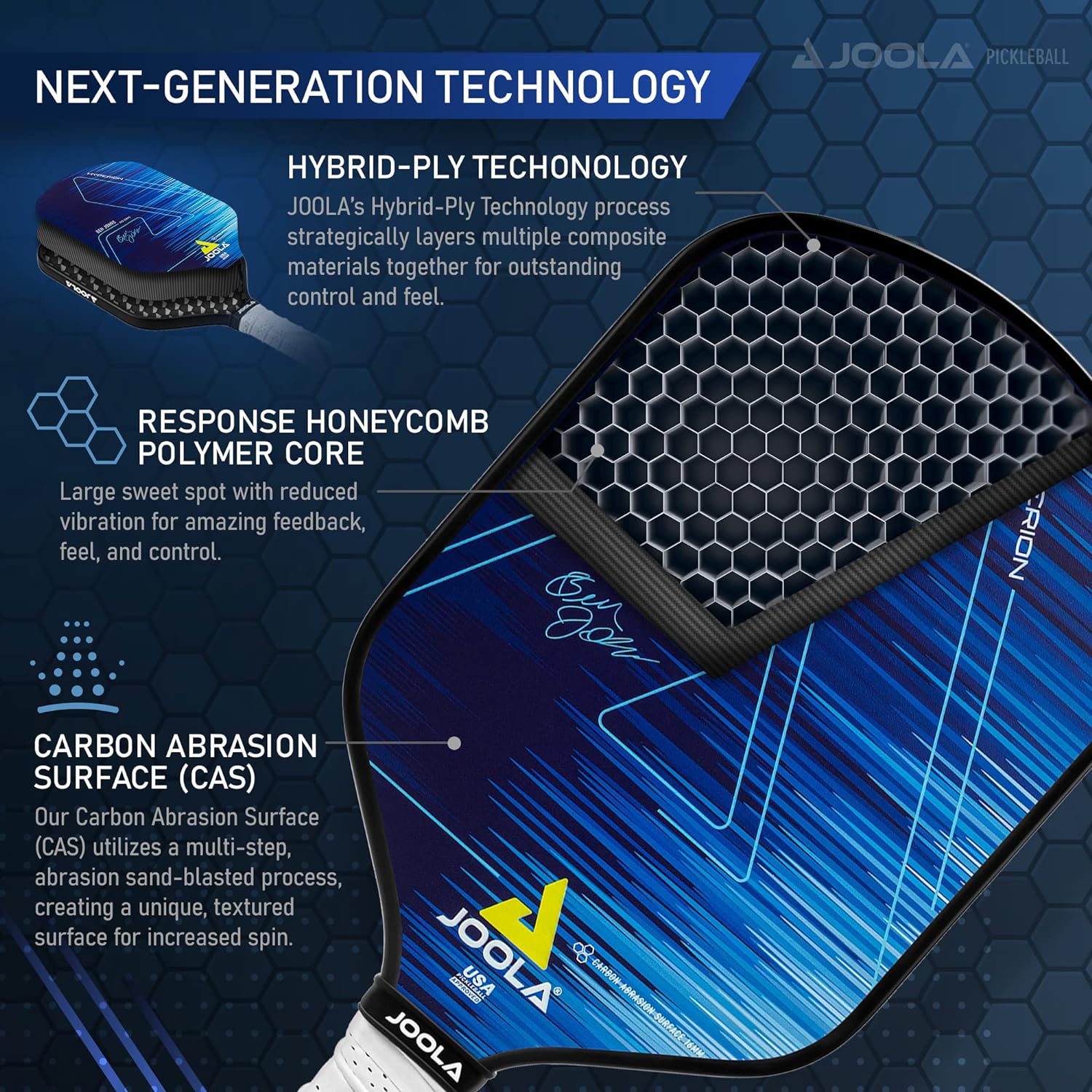 JOOLA Ben Johns Hyperion CAS 16 Pickleball Paddle - Premium Carbon Fiber Surface for Power & Control - Perfect for Competitive Play & Recreational Games