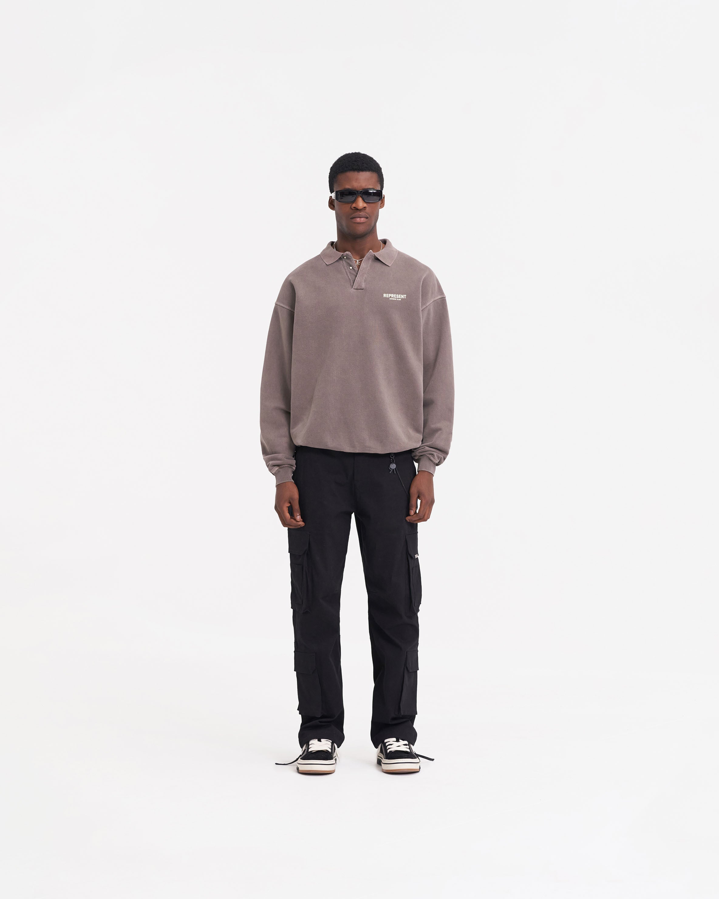 Represent Owners Club Long Sleeve Polo Sweater - Premium Cotton Blend Men's Casual Pullover (Fog Gray) | Perfect for Streetwear, Business Casual & Lounge Wear