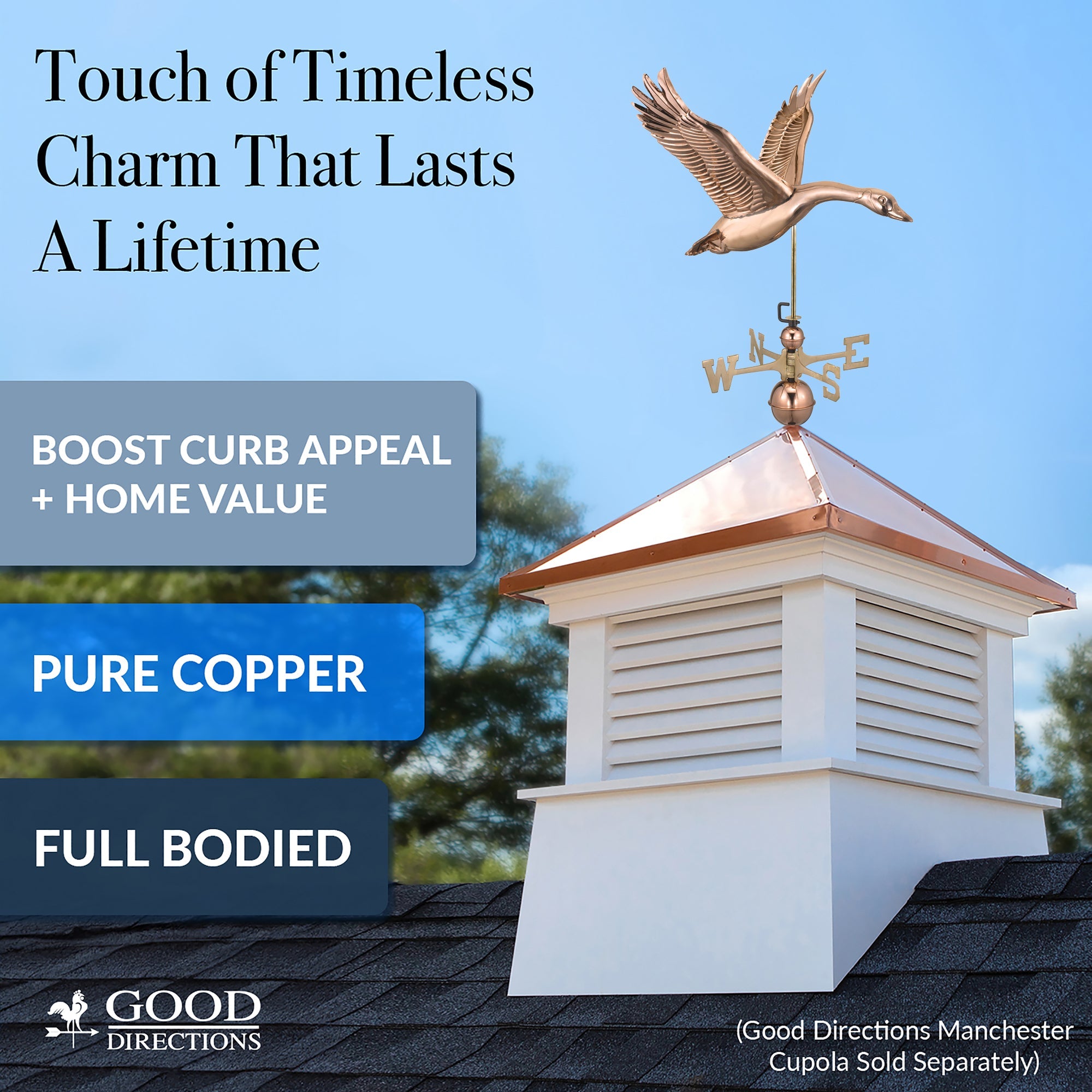 Vintage Feathered Goose Weathervane - Handcrafted Copper Garden Decor for Roof or Yard - Perfect for Farmhouse, Cottage & Outdoor Decoration