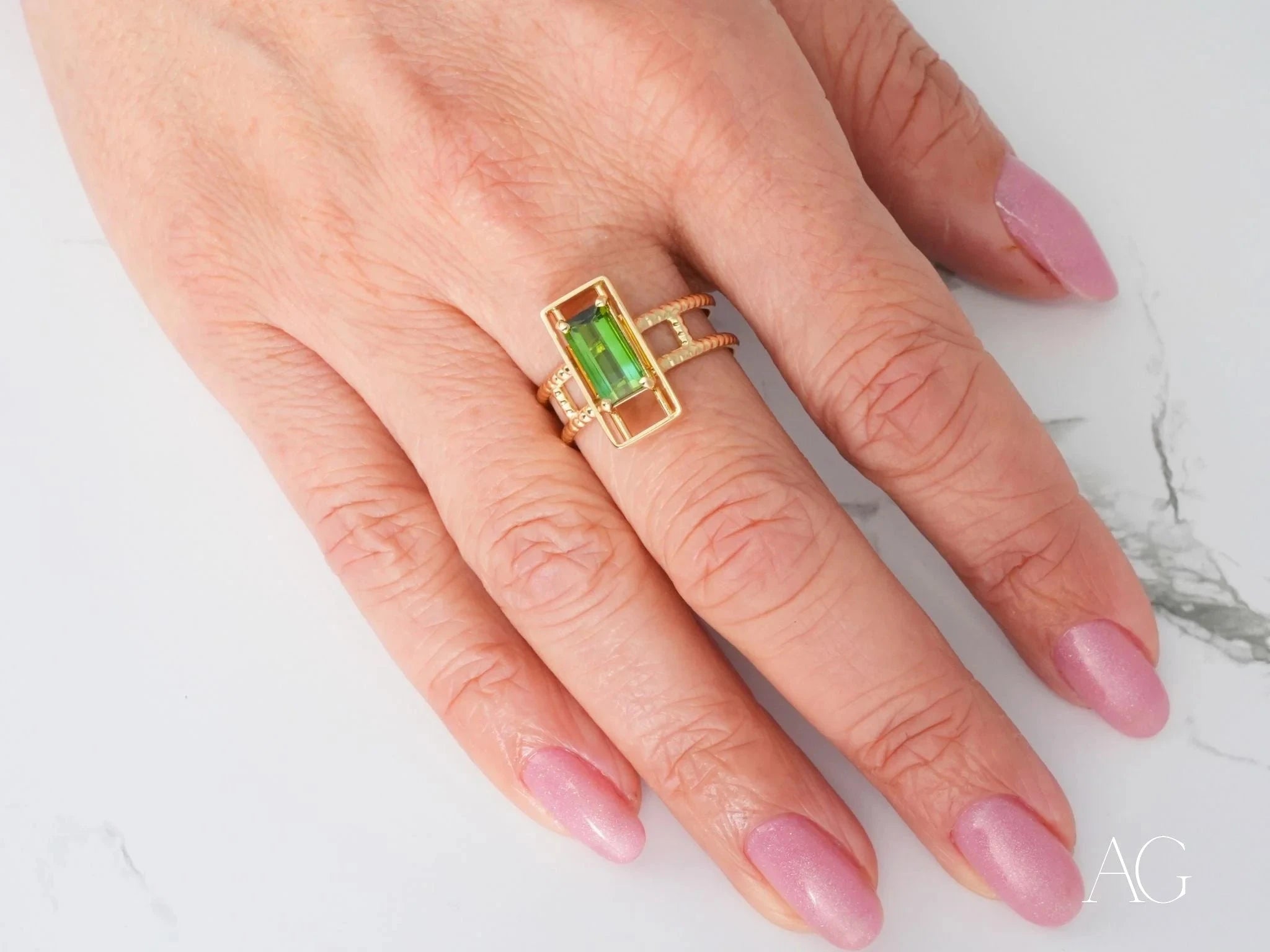 18K Gold Green Tourmaline Slide On Top Ring for Women - Emerald Edge Statement Jewelry - Perfect for Weddings, Parties & Special Occasions
