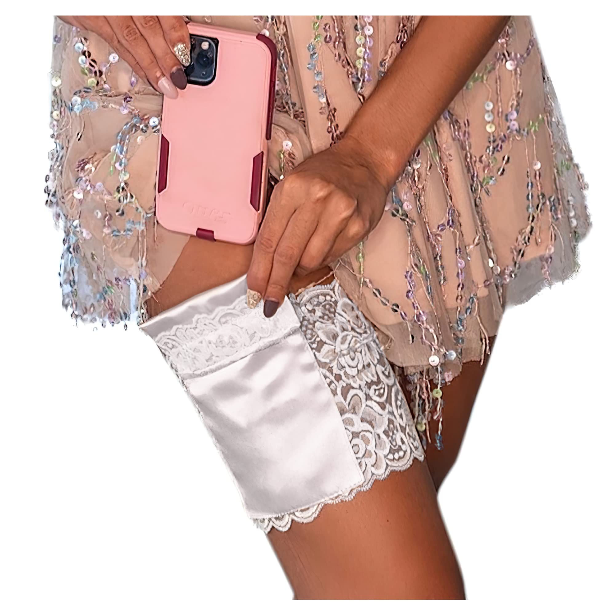 StashBandz 2 Security Pockets - Lace Thigh Phone Garter with Stay-Put Grippers for Wedding & Events - Fits All Smartphones - Perfect for Hands-Free Storage at Concerts, Travel & Night Out