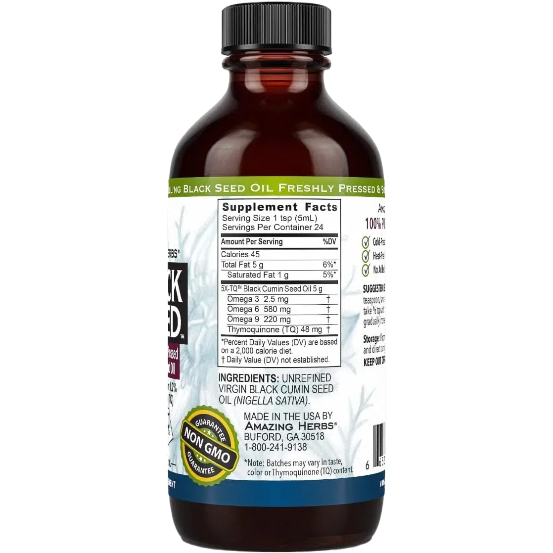 Amazing Herbs Premium Black Seed Oil - Cold Pressed, 100% Pure, Organic Nigella Sativa Oil for Immune Support, Skin & Hair Care - Perfect for Daily Wellness & Natural Remedies