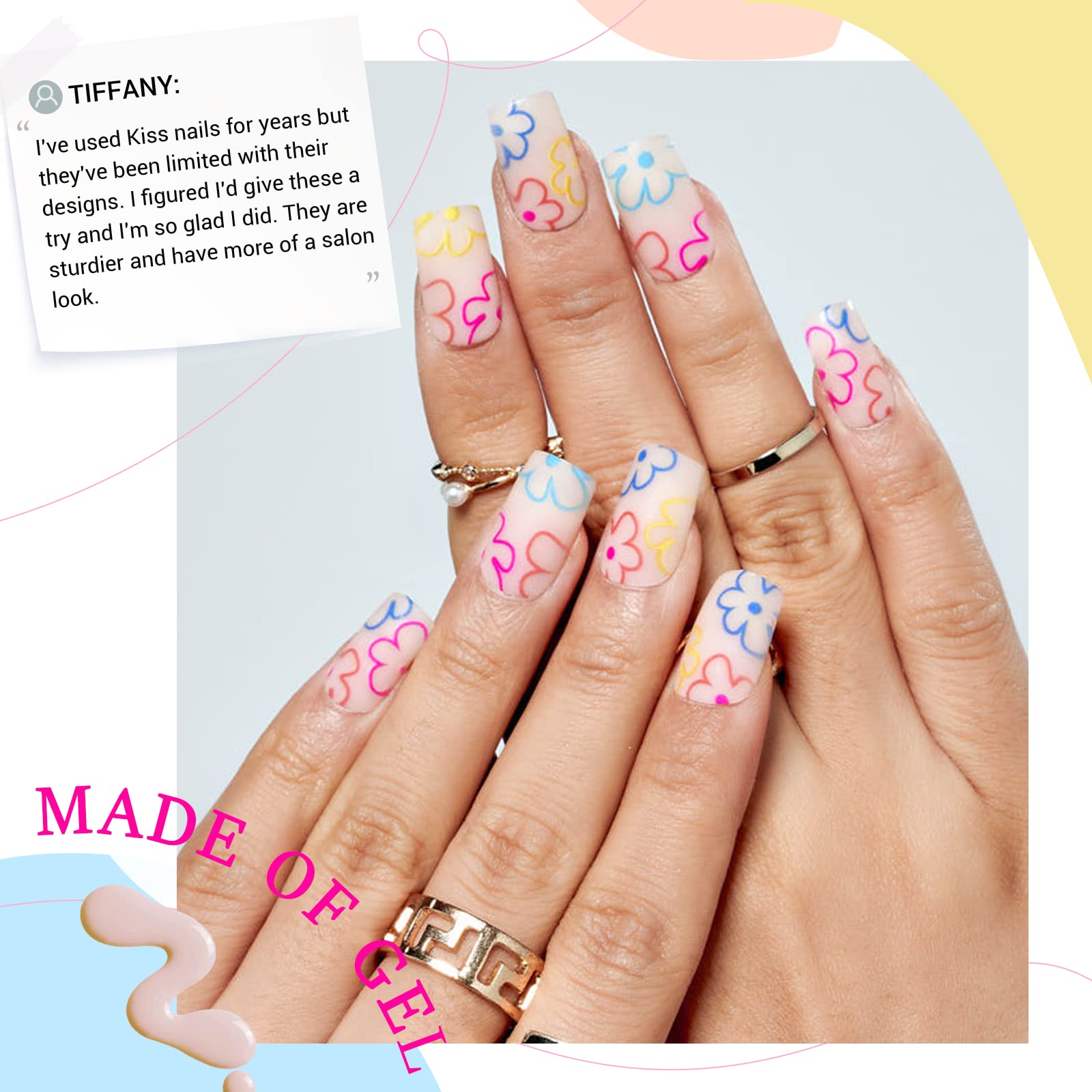 Glamermaid Medium Square Press On Nails - Spring Floral Blossom Fake Nails Short Pink, Reusable Acrylic Stick On Nails with Glossy Gel Flower Design, Nail Kit with Glue for Women (Perfect for Weddings, Parties & Everyday Wear)