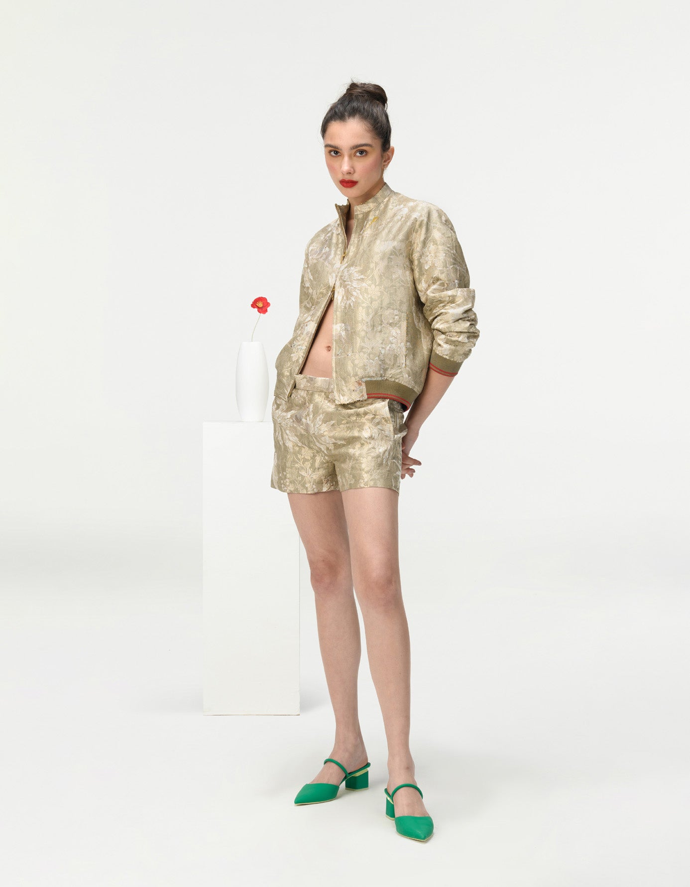 Silk Brocade Shorts for Women - Oyster Grey - Elegant Lounge & Sleepwear for Comfortable Nights