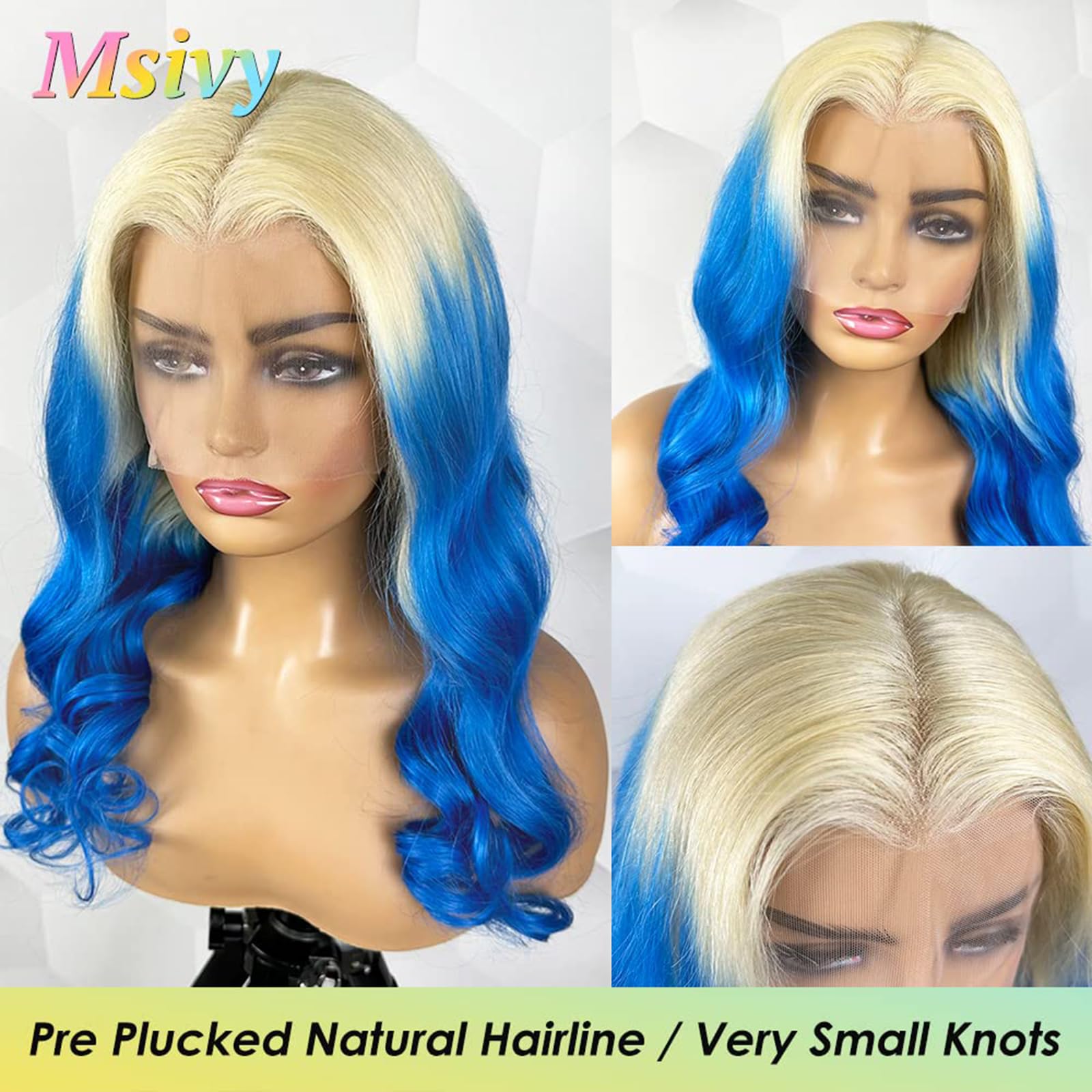 Blonde Blue Ombre Human Hair Wig - 13x4 Lace Front HD Transparent Glueless 180 Density 24 Inch - Perfect for Cosplay, Halloween, Parties & Special Events