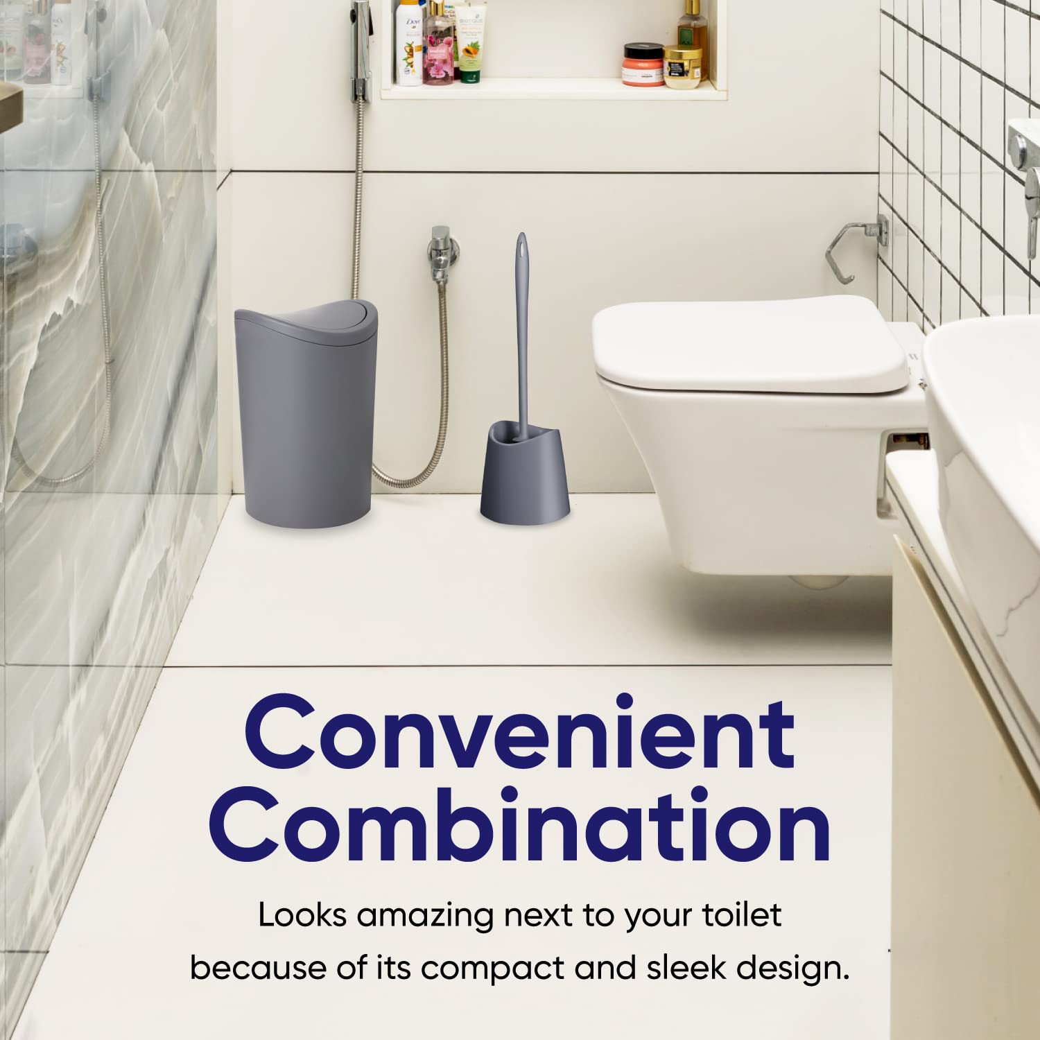 Premium 6L Grey Modern Bathroom Trash Can with Swing Lid & Toilet Brush Set - Plastic Waste Basket with Toilet Bowl Cleaner - Perfect for Small Bathrooms, Powder Rooms & Vanity Areas