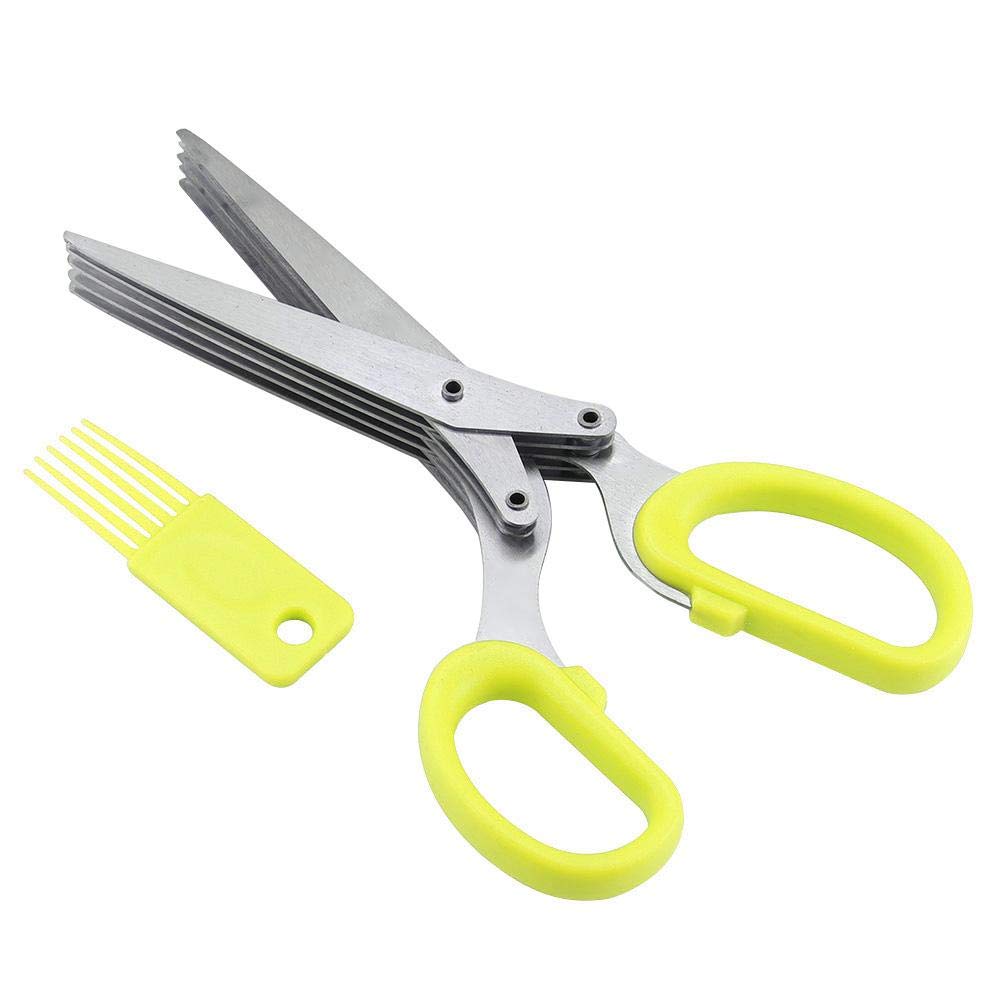 Stainless Steel 5-Blade Herb Cutting Scissors with Cleaning Comb - Multipurpose Kitchen Shears for Chopping Herbs, Vegetables & Parsley - Perfect for Cooking, Salad Prep & Gardening (Yellow)