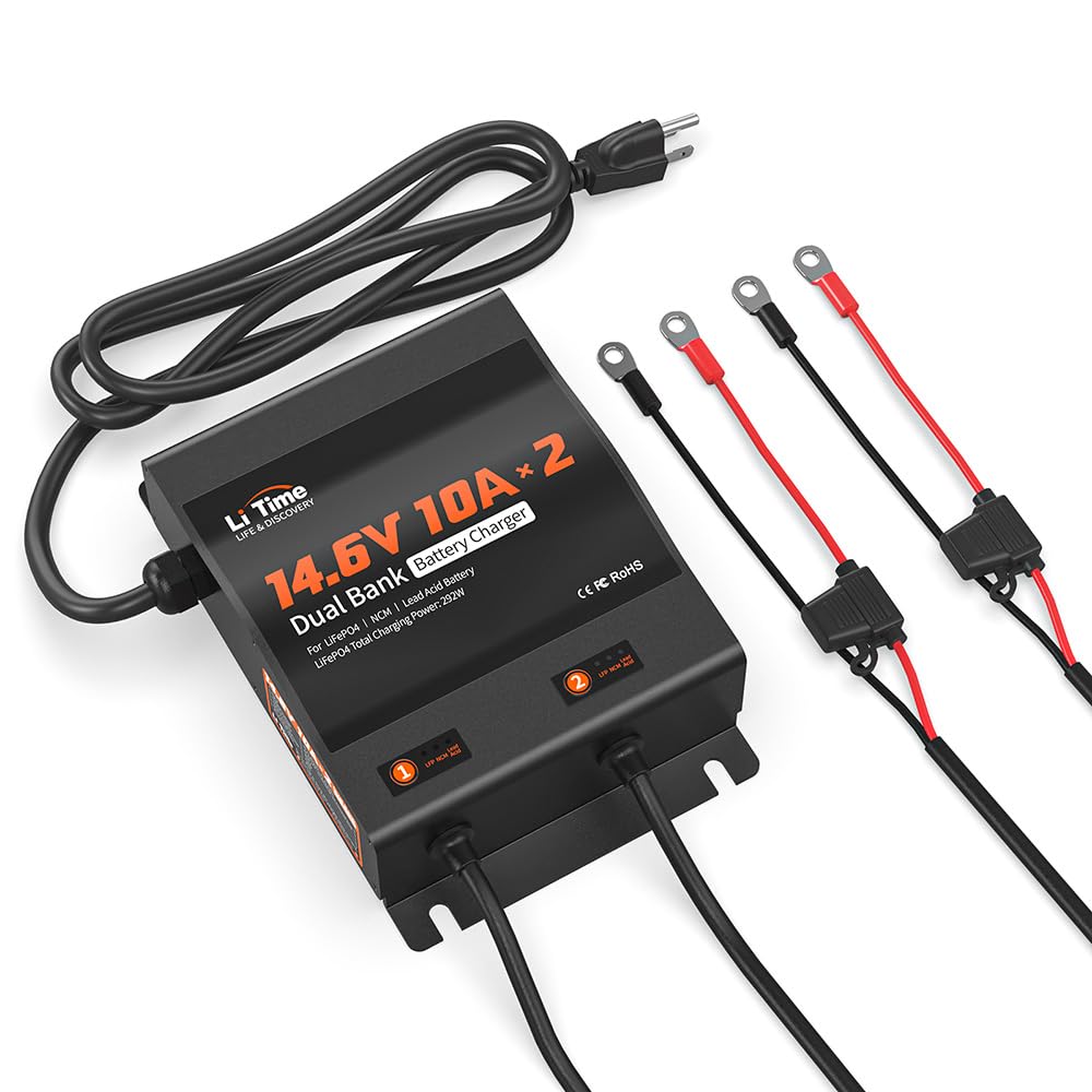 LiTime 2-Bank 10A Dual Smart Battery Charger for LiFePO4 & Lead Acid Batteries - 14.6V AC-DC Charger with Fuse & LED Indicator - Perfect for RV, Boat, Motorcycle, Lawn Mower, Trolling Motor - Fast Charging & Reliable Power Supply for Outdoor Adventures & Marine Applications