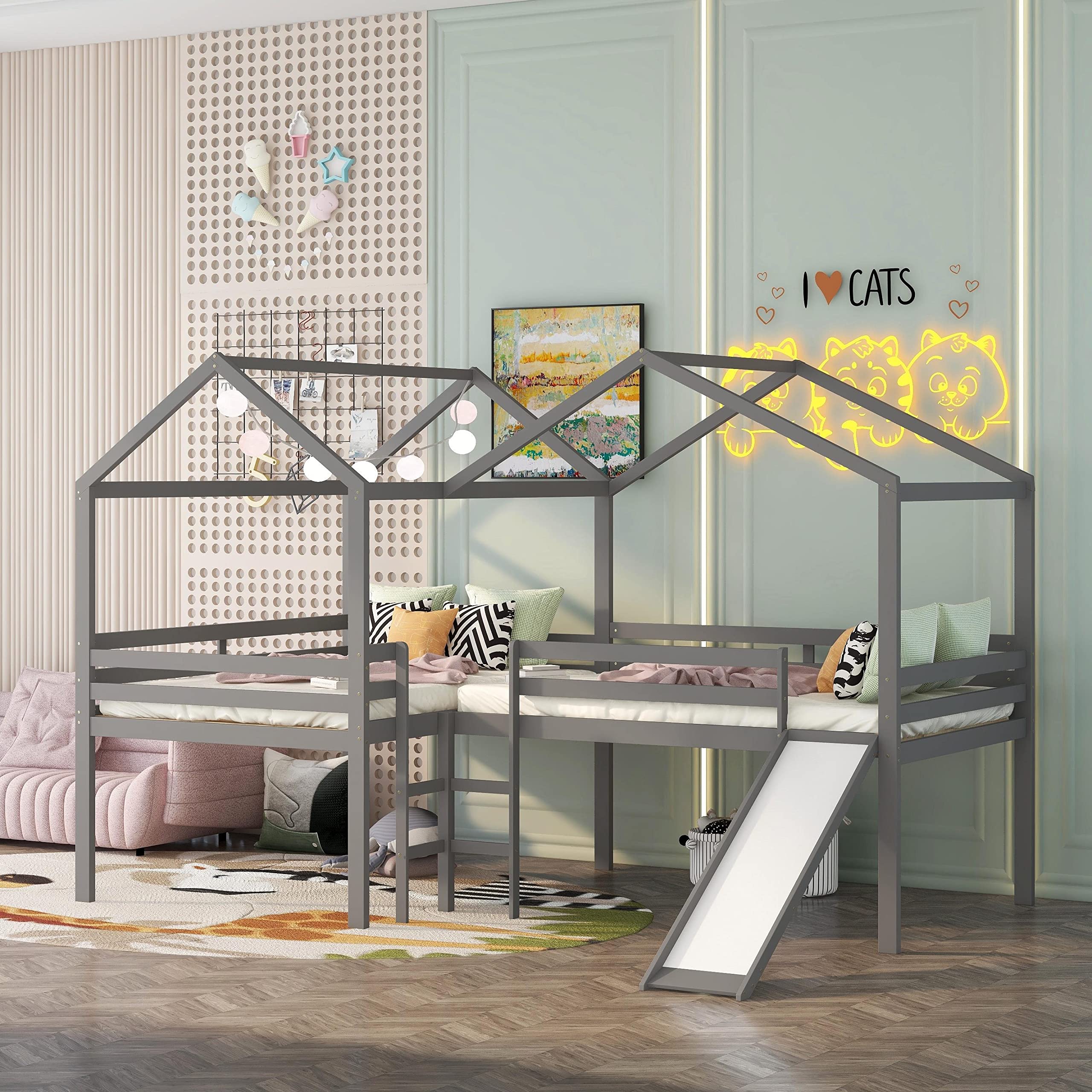 **L-Shape Wooden Loft Beds for Kids & Teens – Full Size House Beds with Slide, Roof & Guardrail – Low Loft Bed Frame for Two Children – Perfect for Shared Bedrooms, Playrooms & Small Spaces (Gray, Full House Loft Bed)**