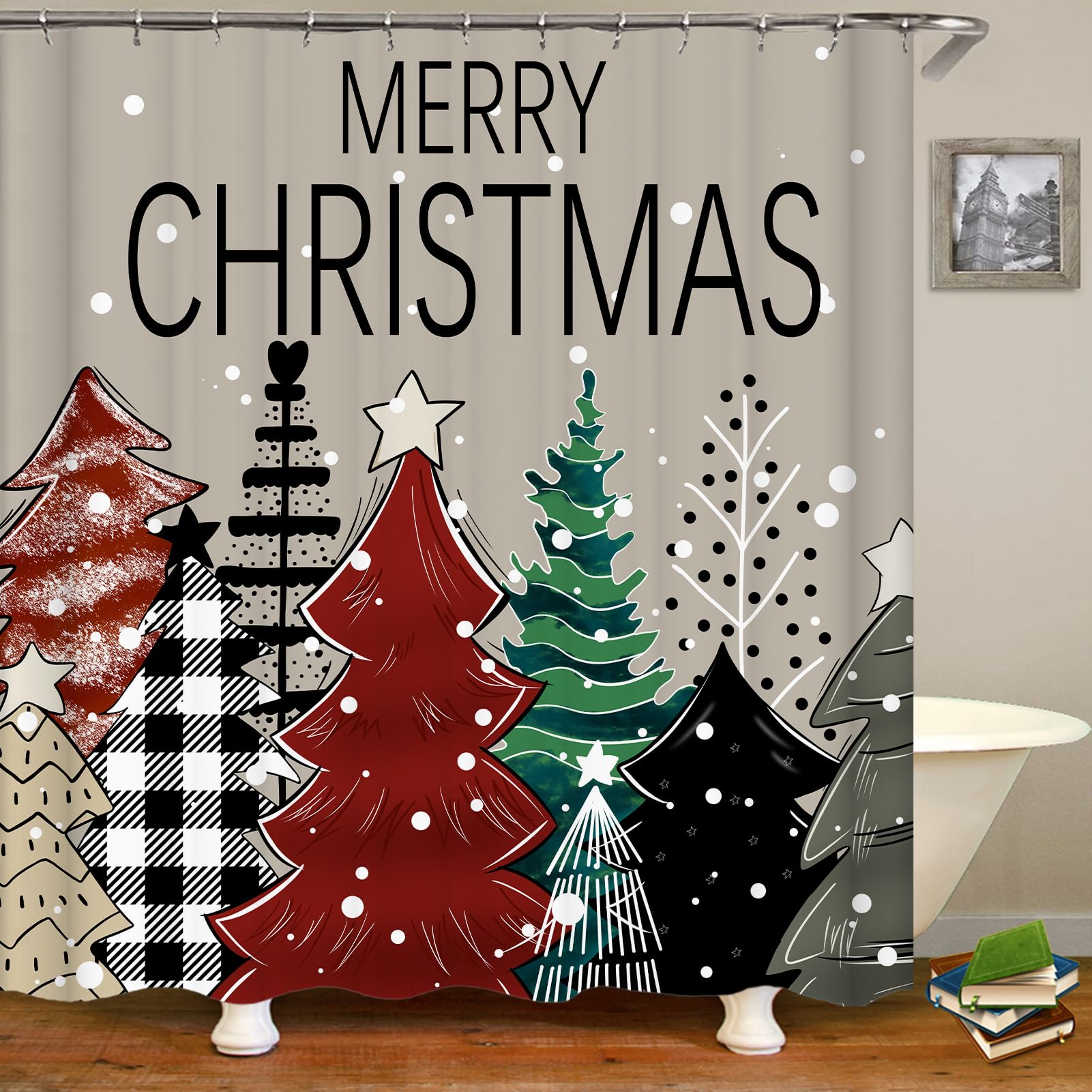 Waterproof Christmas Shower Curtain Set with Matching Bath Rugs - Holiday Xmas Tree & Snowflake Design Fabric Bathroom Decor for Festive Season | Perfect for Holiday Home Decor, Guest Bathrooms & Christmas Party Preparations