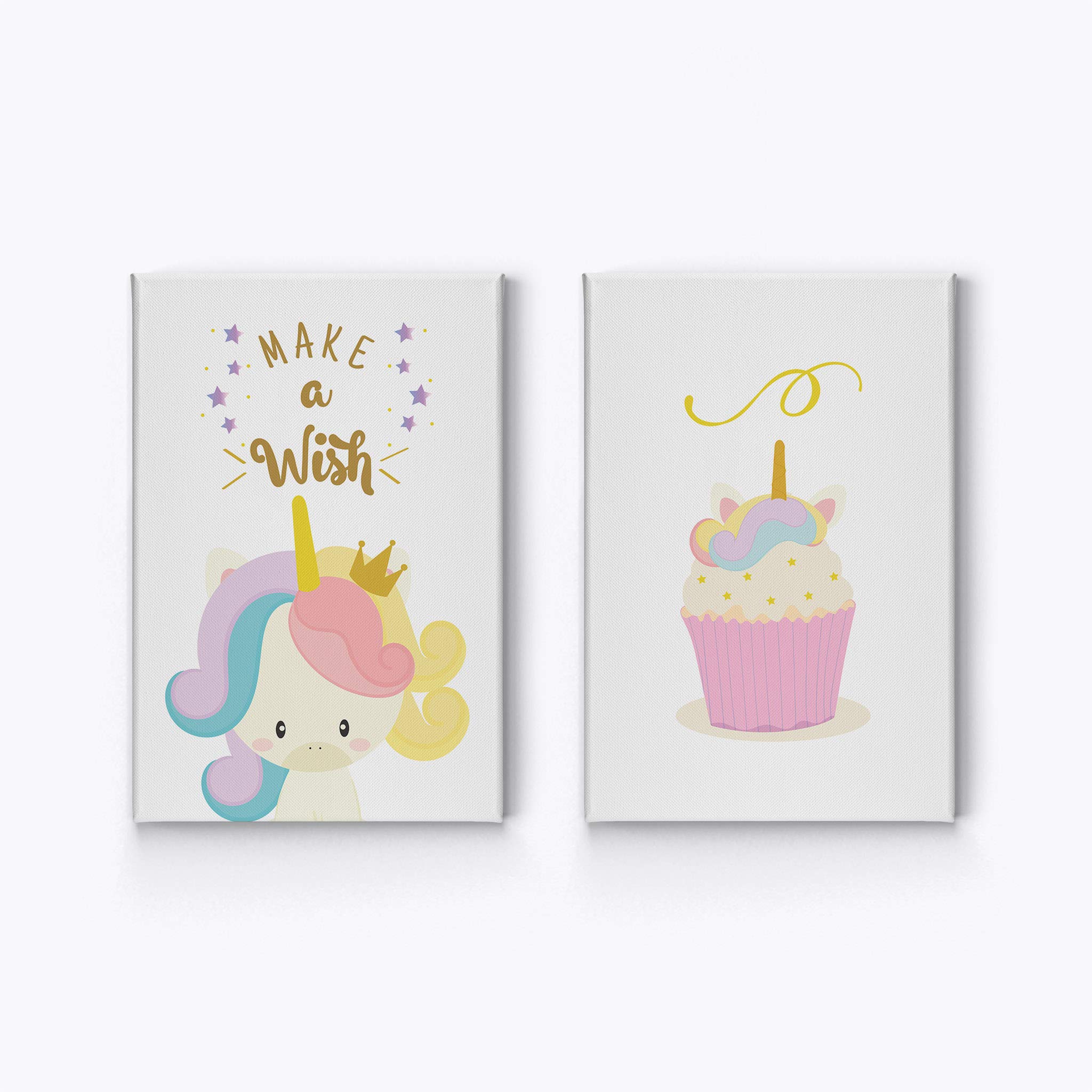 Smile Art Design Cupcake & Unicorn Wall Decor Canvas Print Set - 2 Panel Unicorn Gift with 'Make a Wish' Quote - Nursery Decor, Kids Room Wall Art (22x15 Inches Each, Ready to Hang) - Perfect for Baby Shower Gifts & Children's Bedroom Decoration