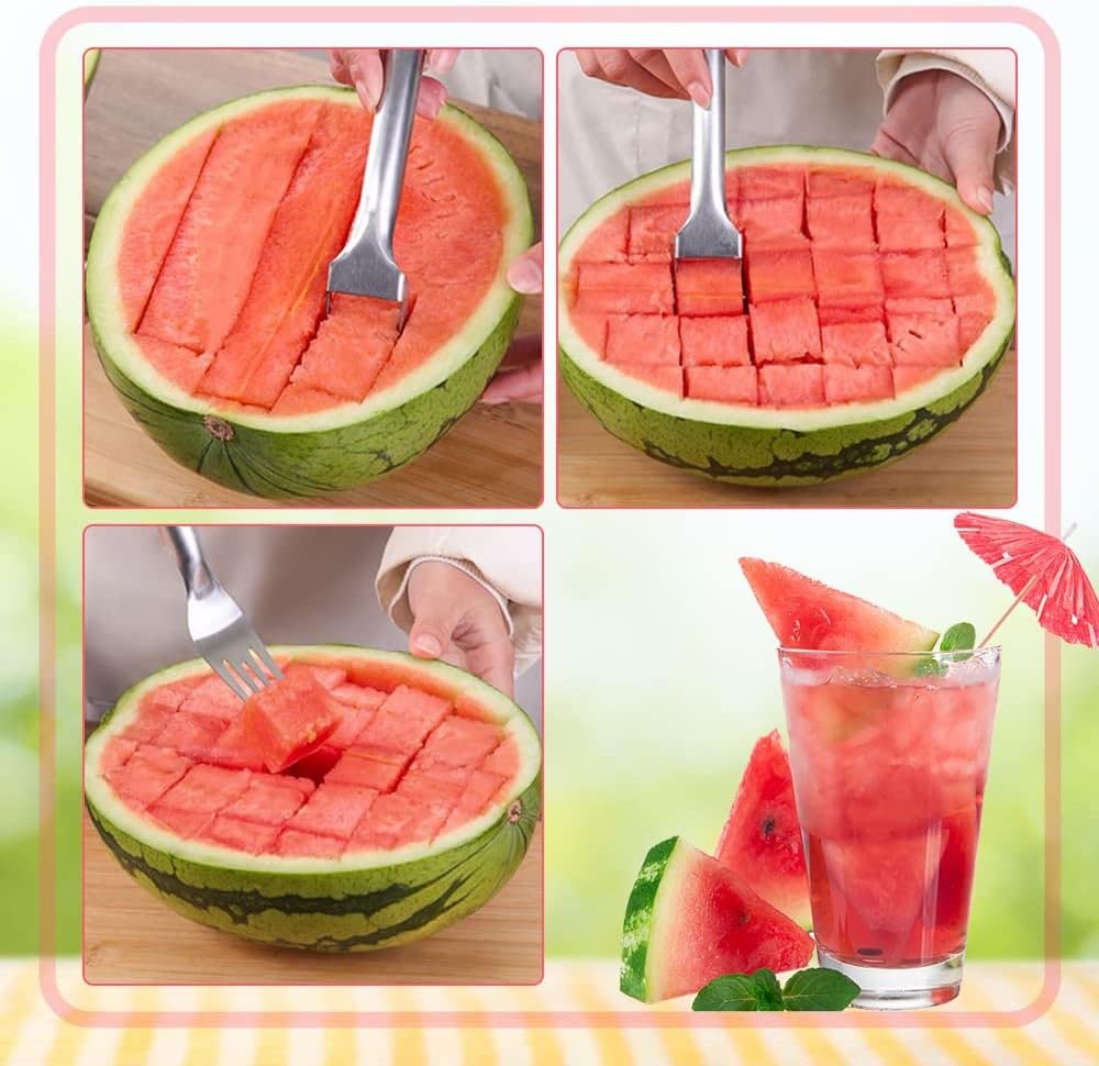 2-in-1 Stainless Steel Watermelon Slicer & Fork - Quick & Easy Fruit Cutting Tool for Kitchen, Picnics, BBQs and Parties (1pc)