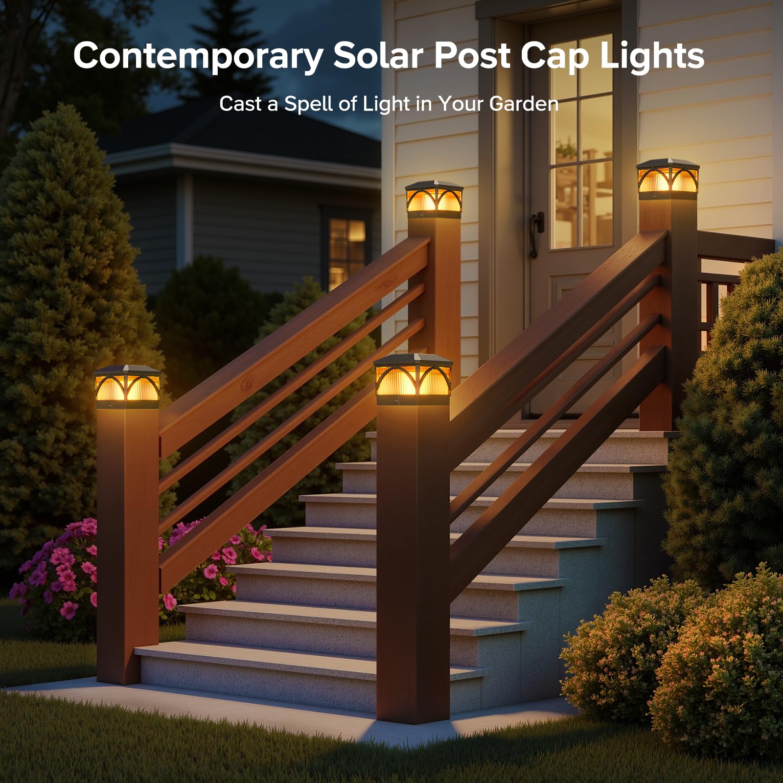 LETMY Solar Post Cap Lights Outdoor 4 Pack - Flickering & Warm White LED Lights for 4x4 Fence Posts, Waterproof Solar Powered Garden Lights for Yard, Deck, Patio, Pathway - Perfect for Vinyl/Wooden Fences & Nighttime Outdoor Decor