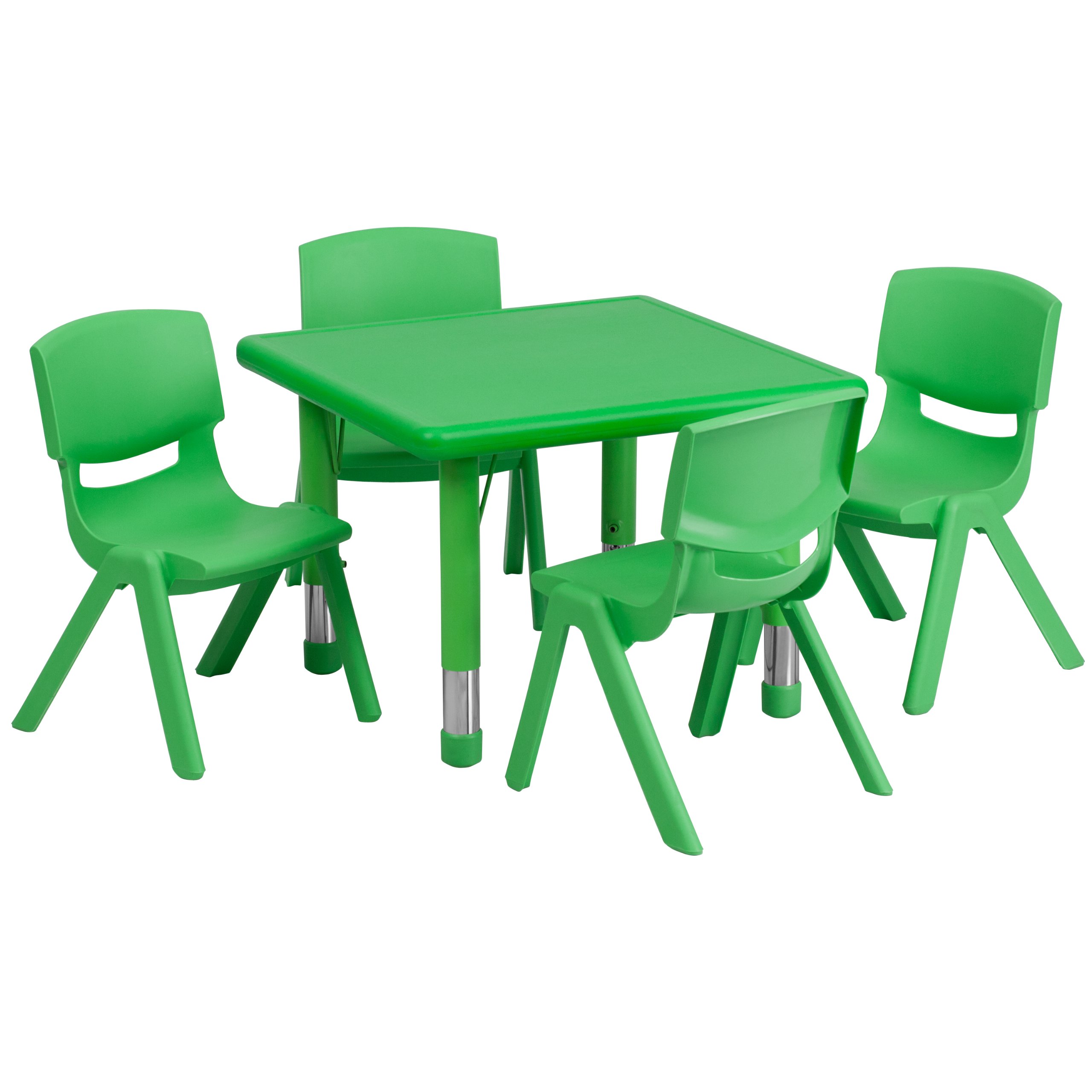 EMMA + OLIVER 24 Inch Square Green Plastic Adjustable Kids Activity Table with 4 Chairs - Perfect for Preschool, Daycare & Home Learning Playroom