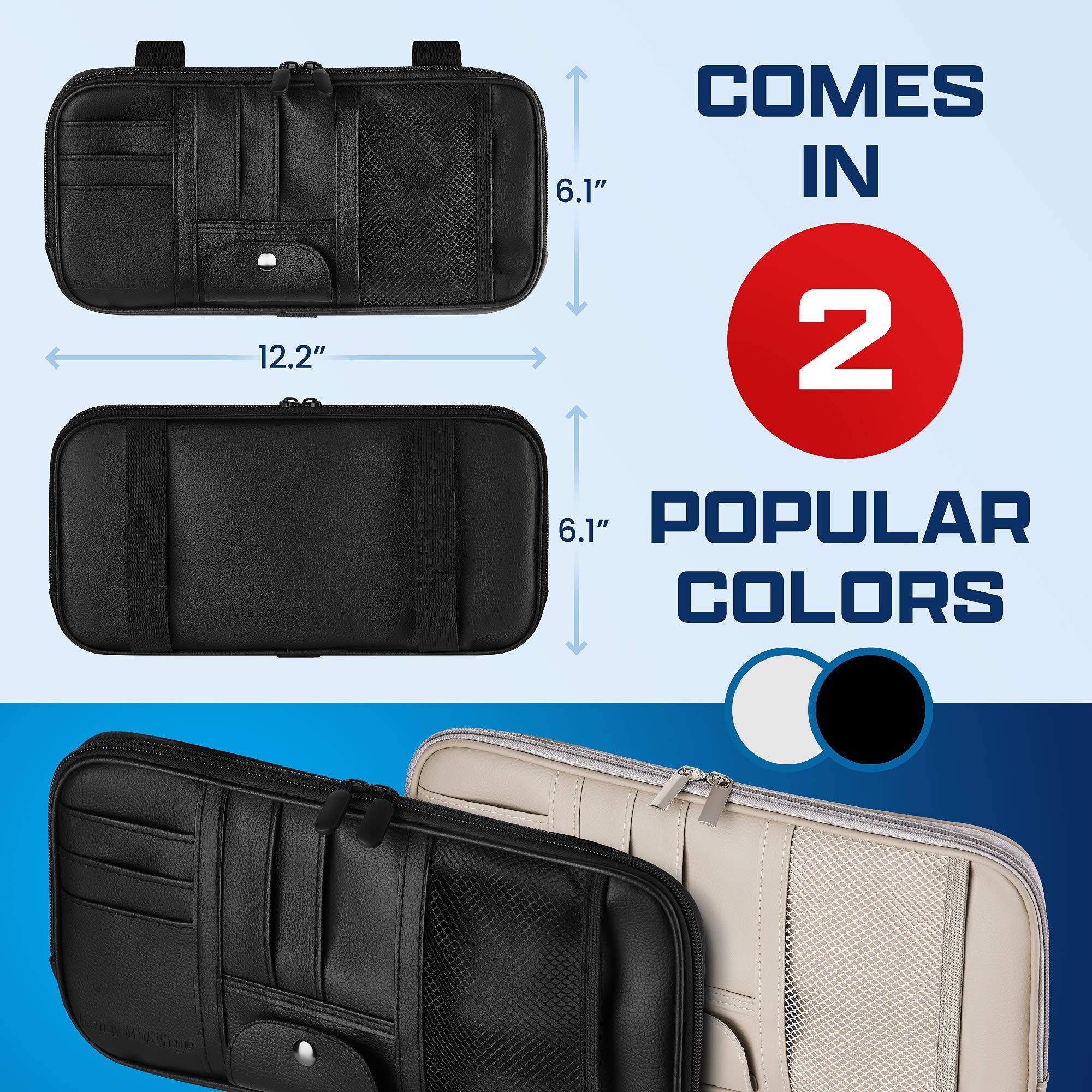 Magnetic Car Sun Visor Organizer for Car, SUV, Truck - 12.2 x 6.1 Inch Black Glasses Holder with Full-Length Horizontal Pockets | Perfect for Sunglasses, Cards & Small Essentials Storage While Driving