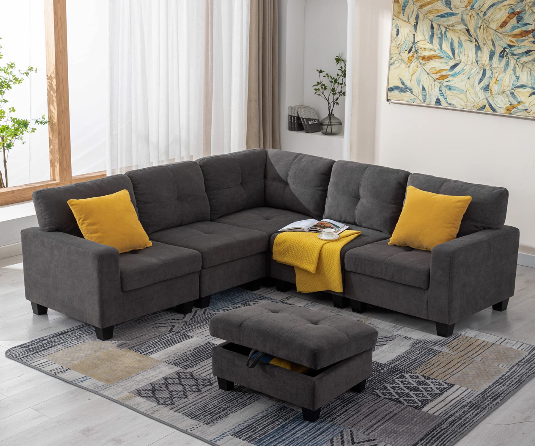 Sunflower Storage Ottoman Foot Stool - Multi-Functional Chaise Lounge Section for Living Room Furniture Sets, Deep Grey - Perfect for Extra Seating & Hidden Storage in Small Spaces