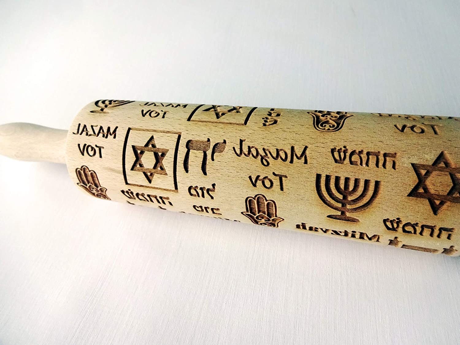 Hanukkah Rolling Pin with Jewish Holiday Symbols - Laser Engraved Dough Roller for Homemade Cookies - Perfect for Holiday Baking, Jewish Traditions, and Family Gatherings