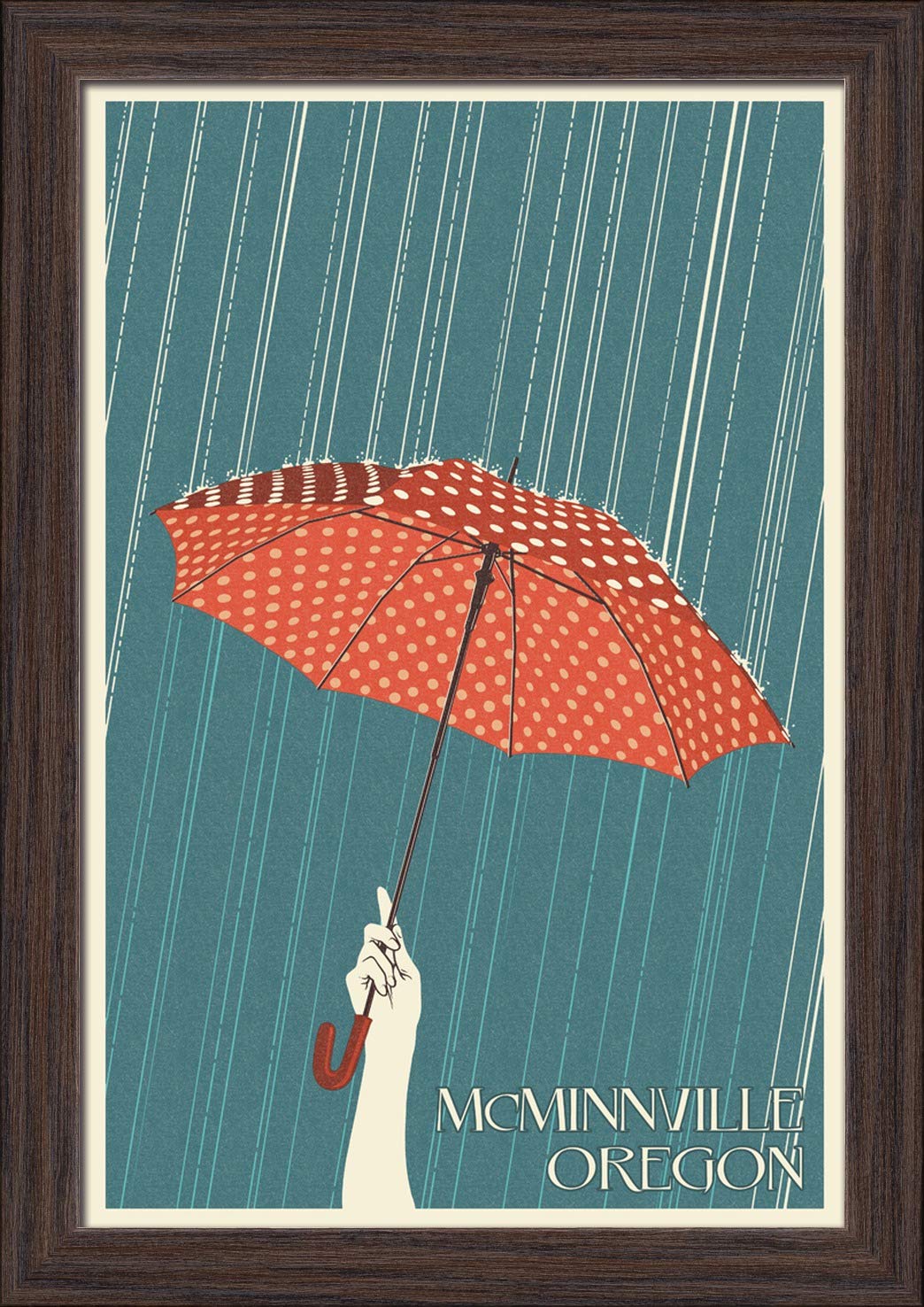 McMinnville Oregon Letterpress Umbrella - 12x18 Giclee Fine Art Print in Recycled Wood Frame (Espresso Brown) - Perfect for Pacific Northwest Home Decor & Gift Giving