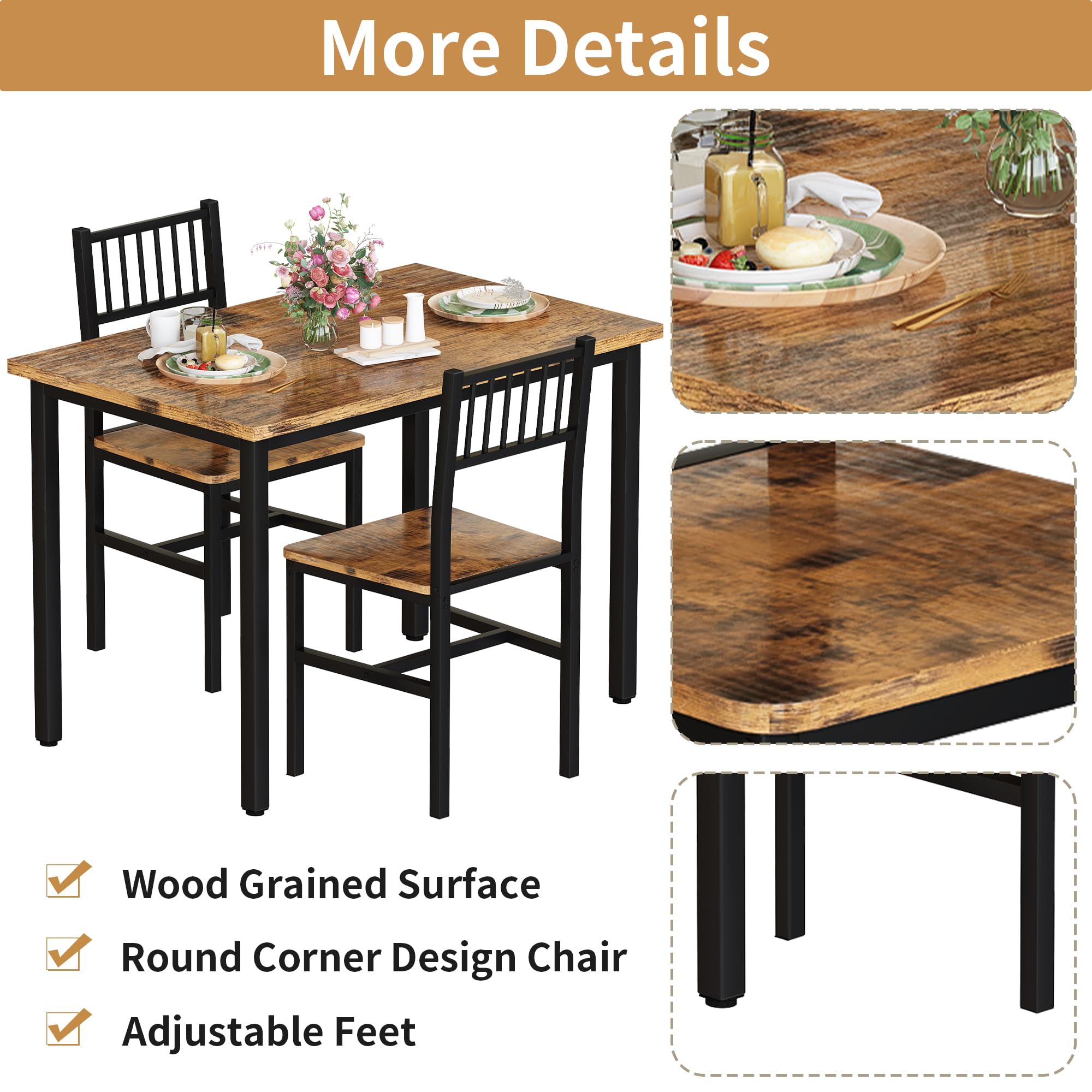 AWQM 3-Piece Industrial Dining Table Set with 2 Chairs - Compact Kitchen & Breakfast Table for Small Spaces - Perfect for Apartments, Living Rooms & Dining Areas (Brown) | Ideal for Morning Coffee, Family Meals & Small Space Entertaining