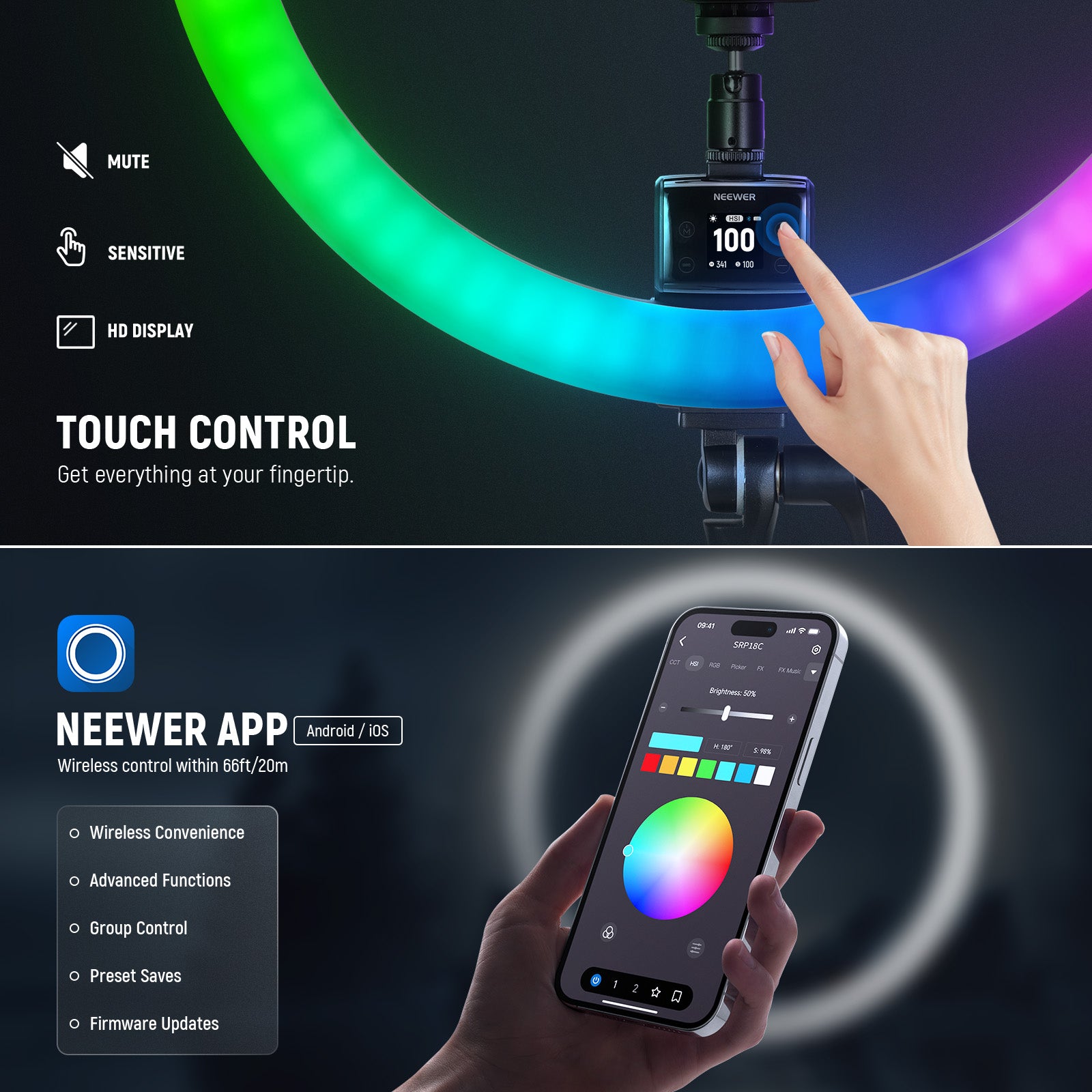 NEEWER SRP18C RGB LED Ring Light Kit with App Control, 2500K-10000K Adjustable Color Temperature - Perfect for YouTube Videos, Photography, Live Streaming & Makeup Lighting
