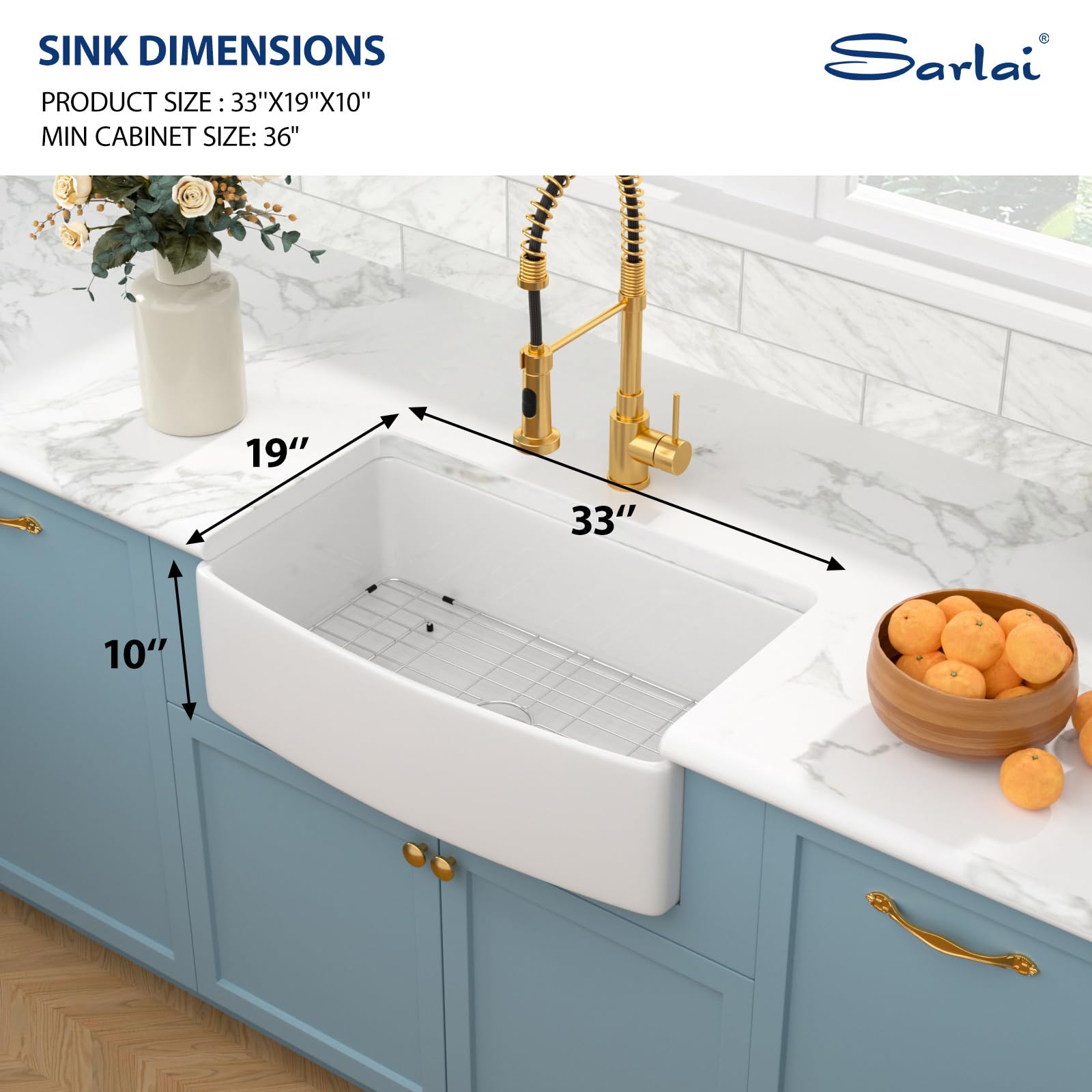 33 Inch White Farmhouse Kitchen Sink - Curved Apron Front Single Bowl Ceramic Porcelain Sink for Modern & Rustic Kitchens | Perfect for Cooking, Washing Dishes & Food Prep