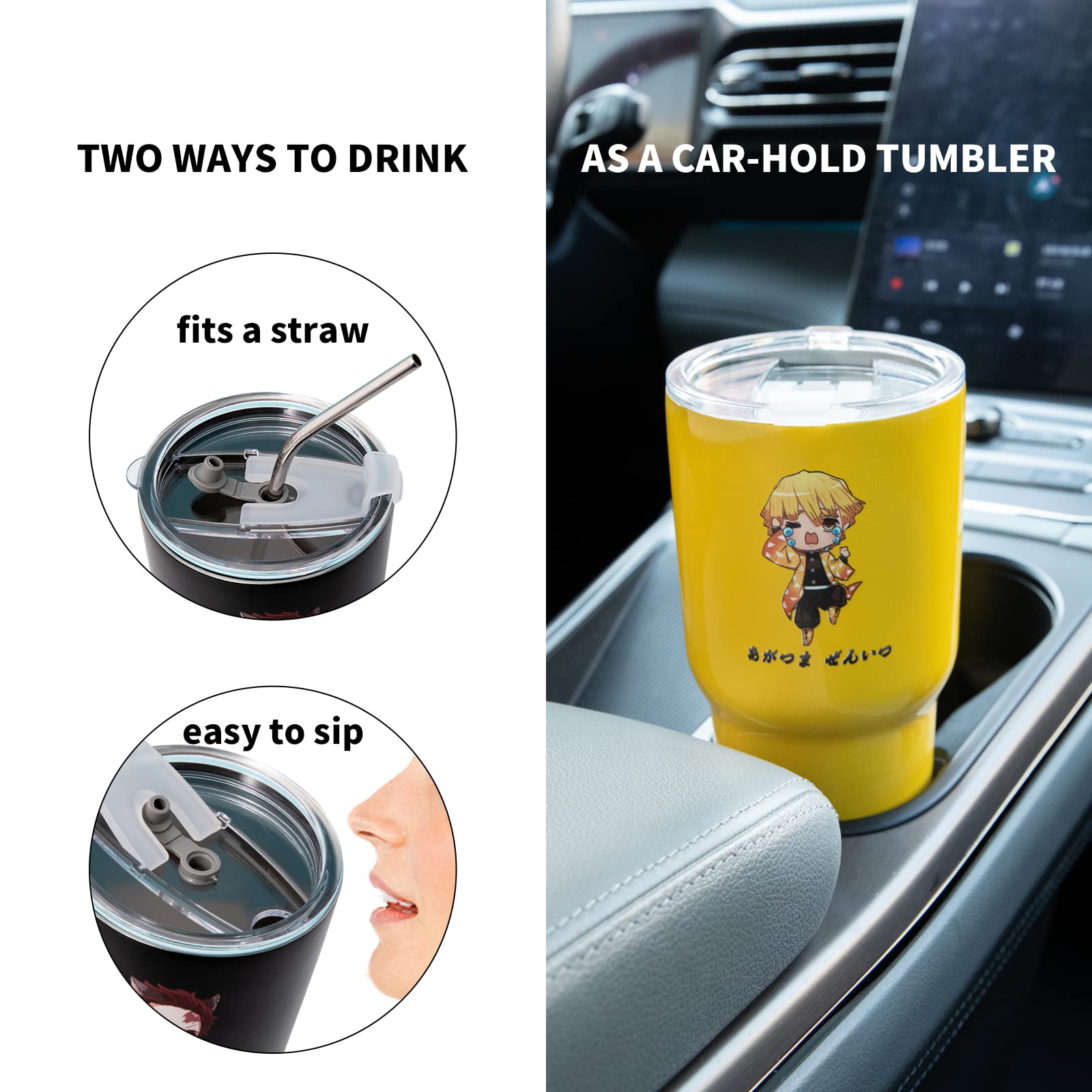 Demon Slayer Anime Tumbler with Lid - 30 Oz Vacuum Insulated Stainless Steel Water Bottle & Coffee Mug - Keeps Hot/Cold for 8-12 Hours - Double Wall Design - Perfect for Home, Office, Gym & Travel - Zenitsu Yellow