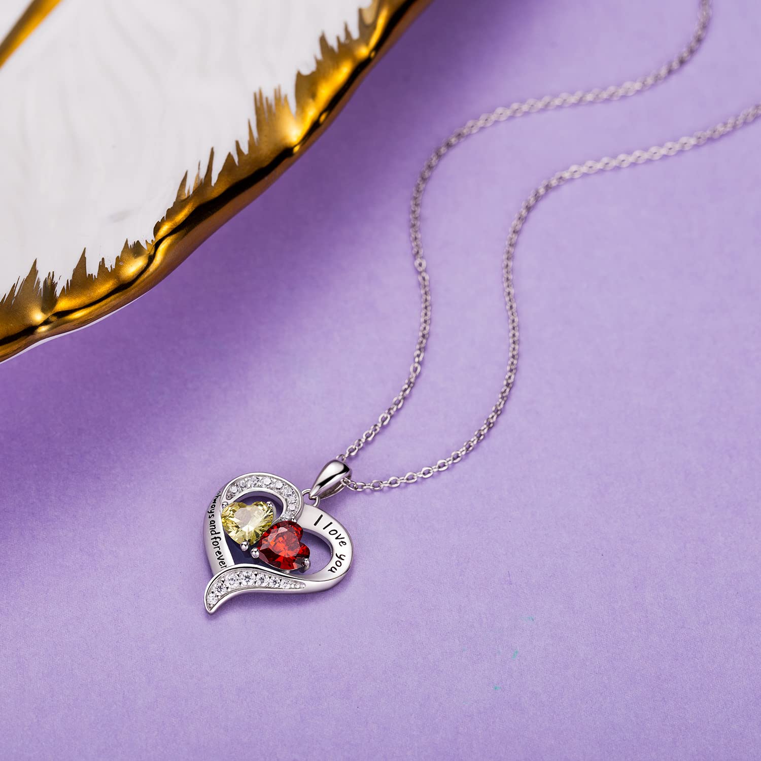 BlingGem Heart Necklaces for Women - 925 Sterling Silver Birthstone Necklace with 2 Custom Birthstones, Personalized Pendant Jewelry Gift for Wife, Mom, Girlfriend | Perfect for Valentine's Day, Anniversary, Mother's Day & Birthday Gifts