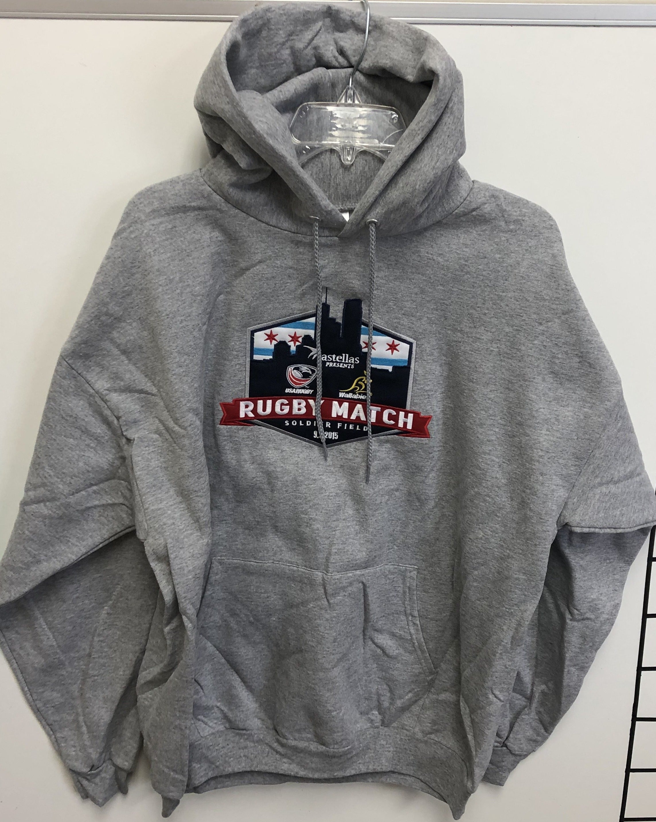 USA Rugby Match Soldier Field 2015 Grey Hoodie - Vintage Rugby Fan Hooded Sweatshirt for Men & Women - Perfect for Game Day, Tailgating & Casual Wear