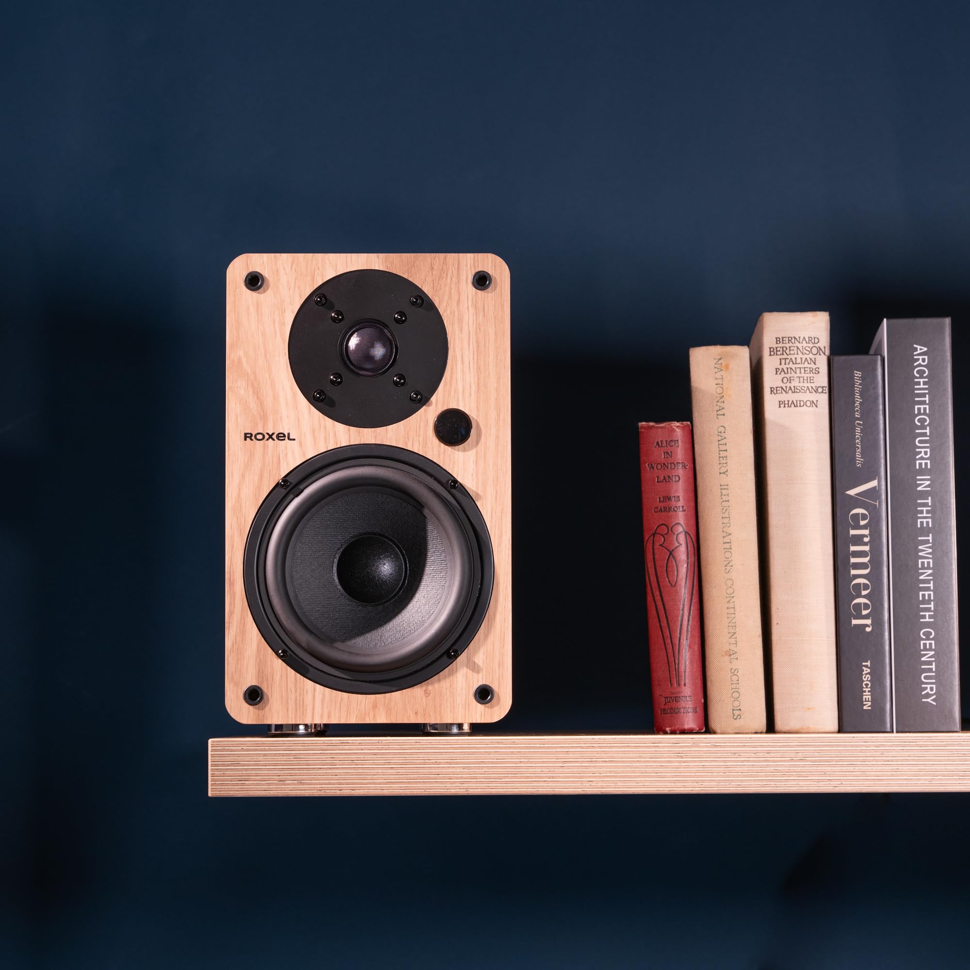 Roxel Onyx Active Bookshelf Speakers - 100W RMS Power, Bluetooth 5.0 Wireless Streaming, HDMI ARC, 3m Speaker Cable - Premium Sound for Home Theater, Music & Office Use (Oak Finish) - Perfect for Movie Nights, Gaming & Audiophile Listening