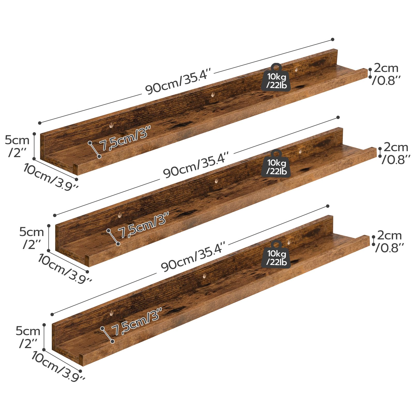 HOOBRO Floating Shelves Set of 3 - 35.4 Inch Wall Mounted Shelves with Raised Edge & Hidden Brackets - Rustic Brown Wooden Shelves for Bathroom, Bedroom, Kitchen, Office & Living Room Decor - Perfect for Displaying Books, Plants, Photos and Home Decor Items
