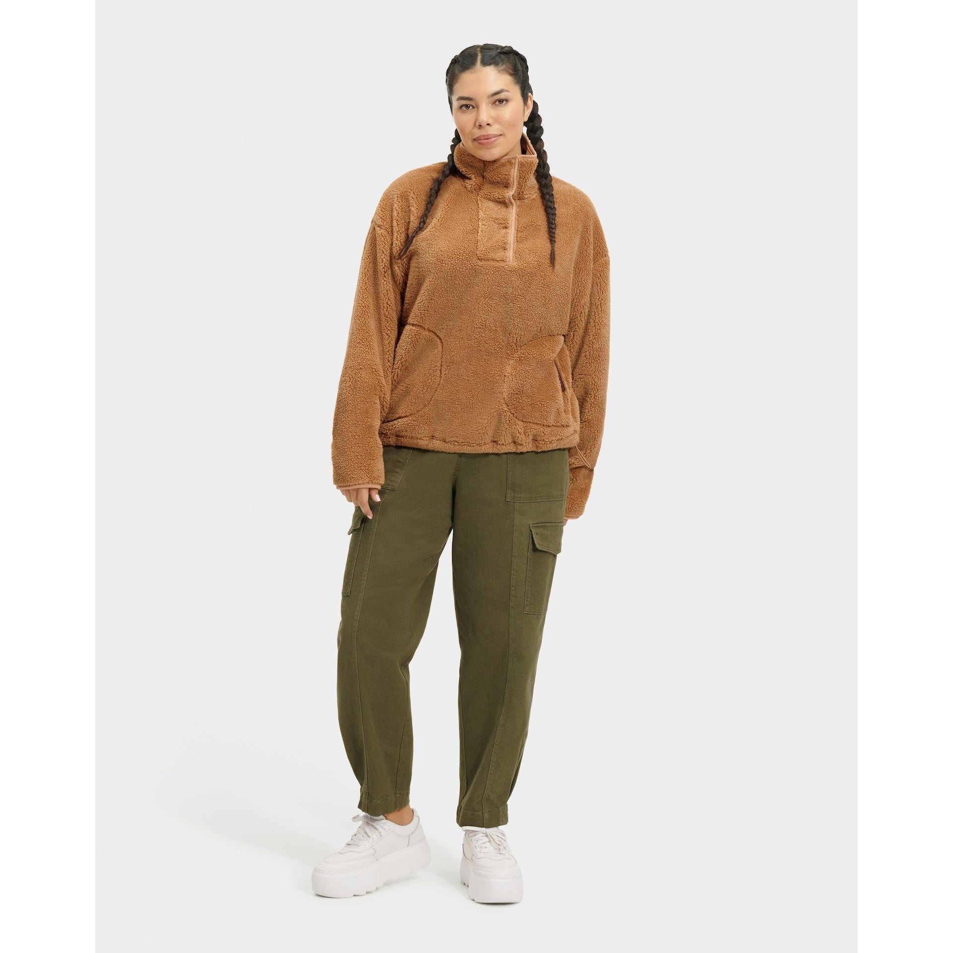 UGG Women's Atwell Sherpa Half Snap Pullover Sweater - Cozy Fleece-Lined Winter Cardigan in Tawny for Casual Outfits & Cold Weather